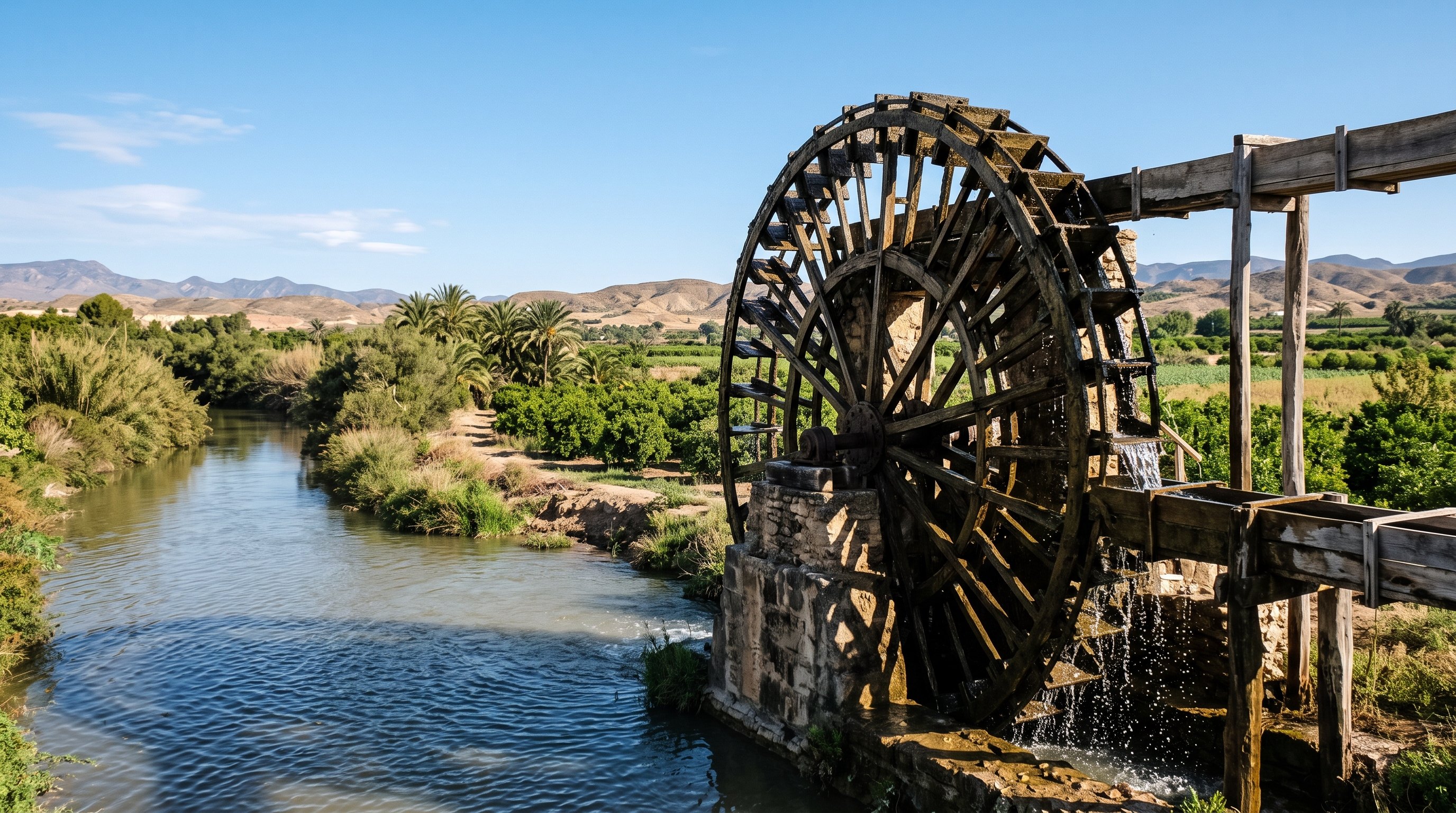 Une ancienne noria en bois, grande roue hydraulique traditionnelle, tournant au bord du fleuve Segura près de Murcie, godets remontant l'eau, ciel clair, style photographie éditoriale documentaire sans personnage