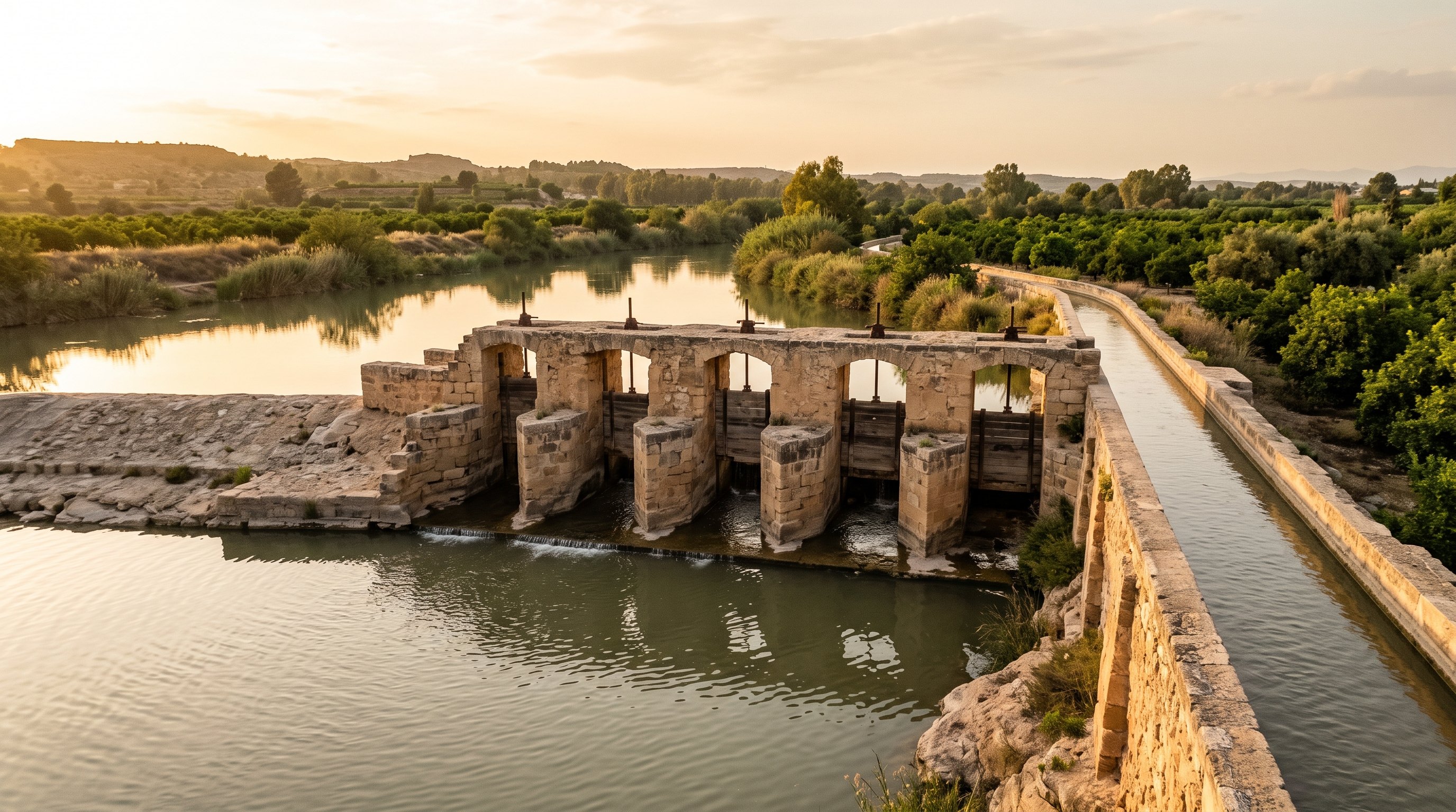 Le barrage de dérivation de la Contraparada sur le fleuve Segura près de Murcie, ancienne prise d'eau maçonnée qui alimente les grandes acequias de la huerta, eau calme et vannes de pierre, lumière dorée, photographie éditoriale sans personnage