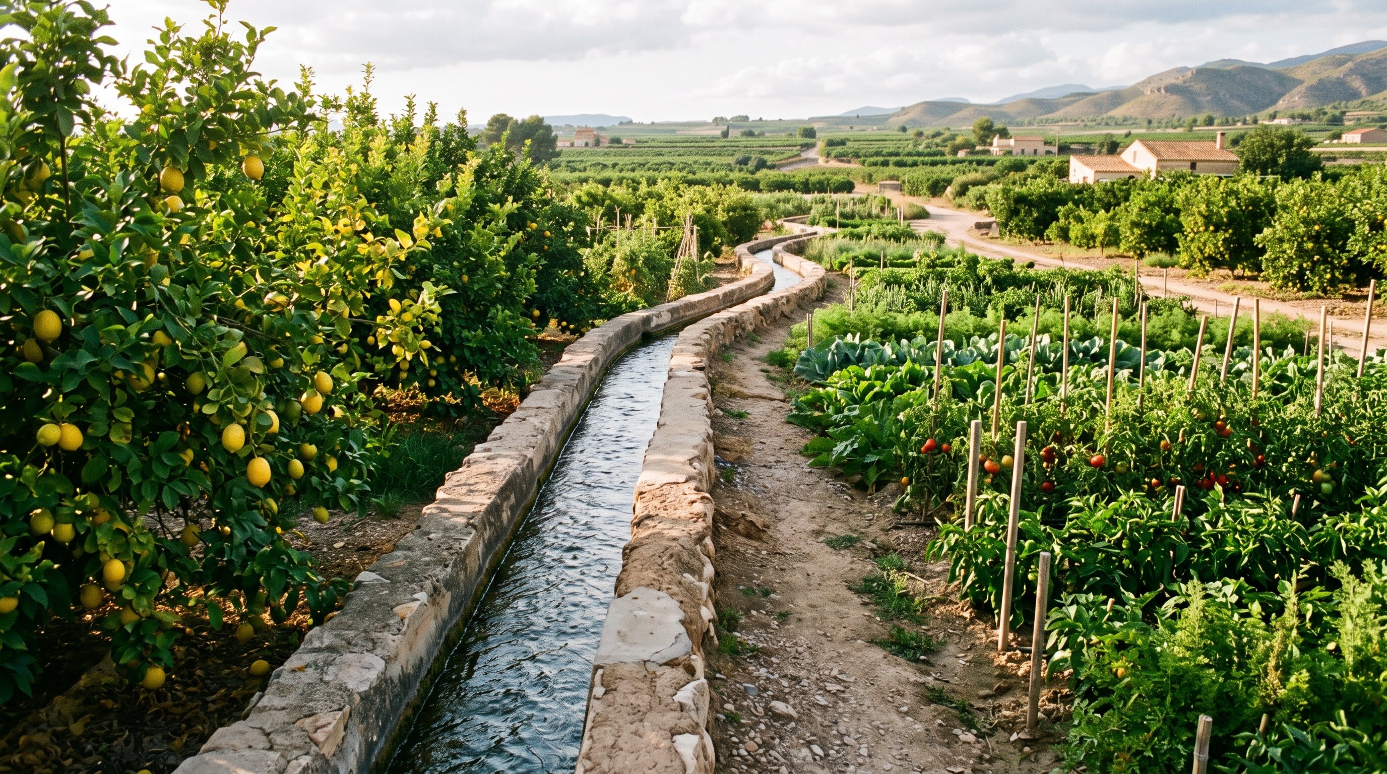 Une acequia étroite en pierre serpente entre des rangs de citronniers et de potagers verdoyants dans la Huerta de Murcie, eau claire, lumière chaude de fin d'été, aucune personne