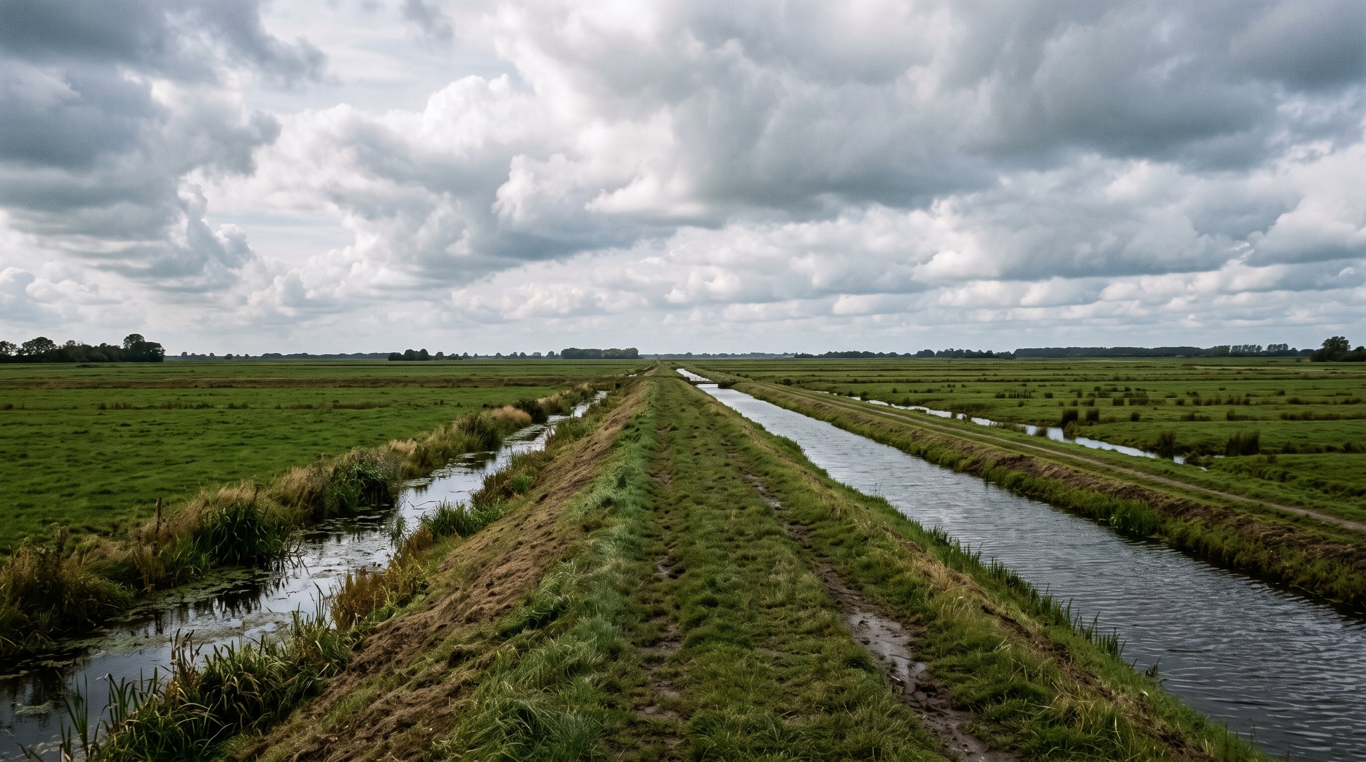 Paysage de polder hollandais médiéval, digues de terre et canaux de drainage rectilignes traversant des prairies basses sous un grand ciel nuageux, ambiance nordique, photographie éditoriale sans personnage