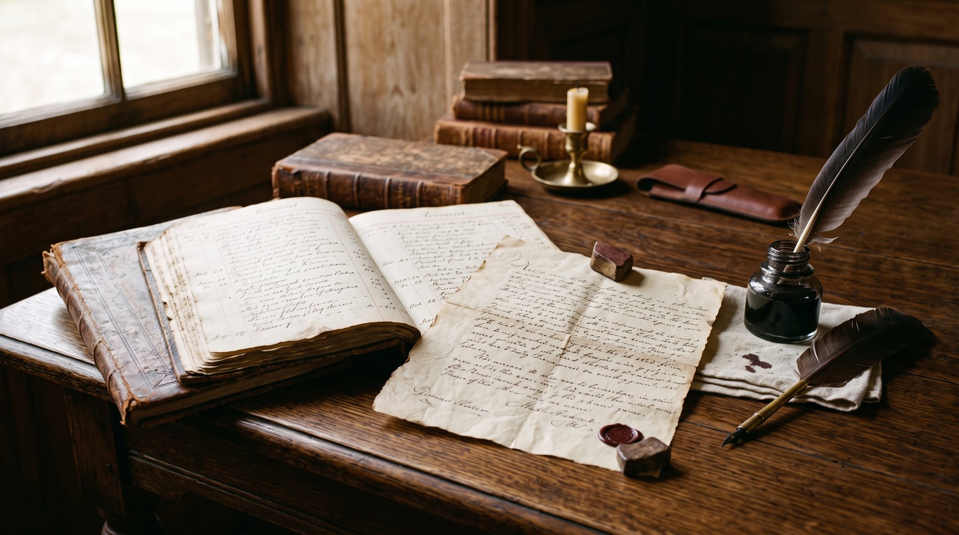 Documents et registres anciens sur une table de bois sombre, plume et encrier, parchemin manuscrit du XVIIIe siècle, lumière de fenêtre latérale