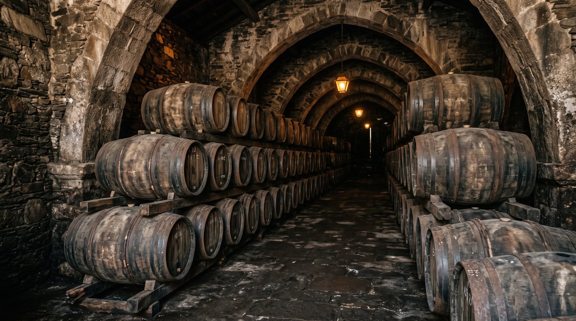Vieux tonneaux de vin de Porto empilés dans une cave voûtée en pierre, lumière tamisée, patine du bois et humidité, ambiance de chai ancien