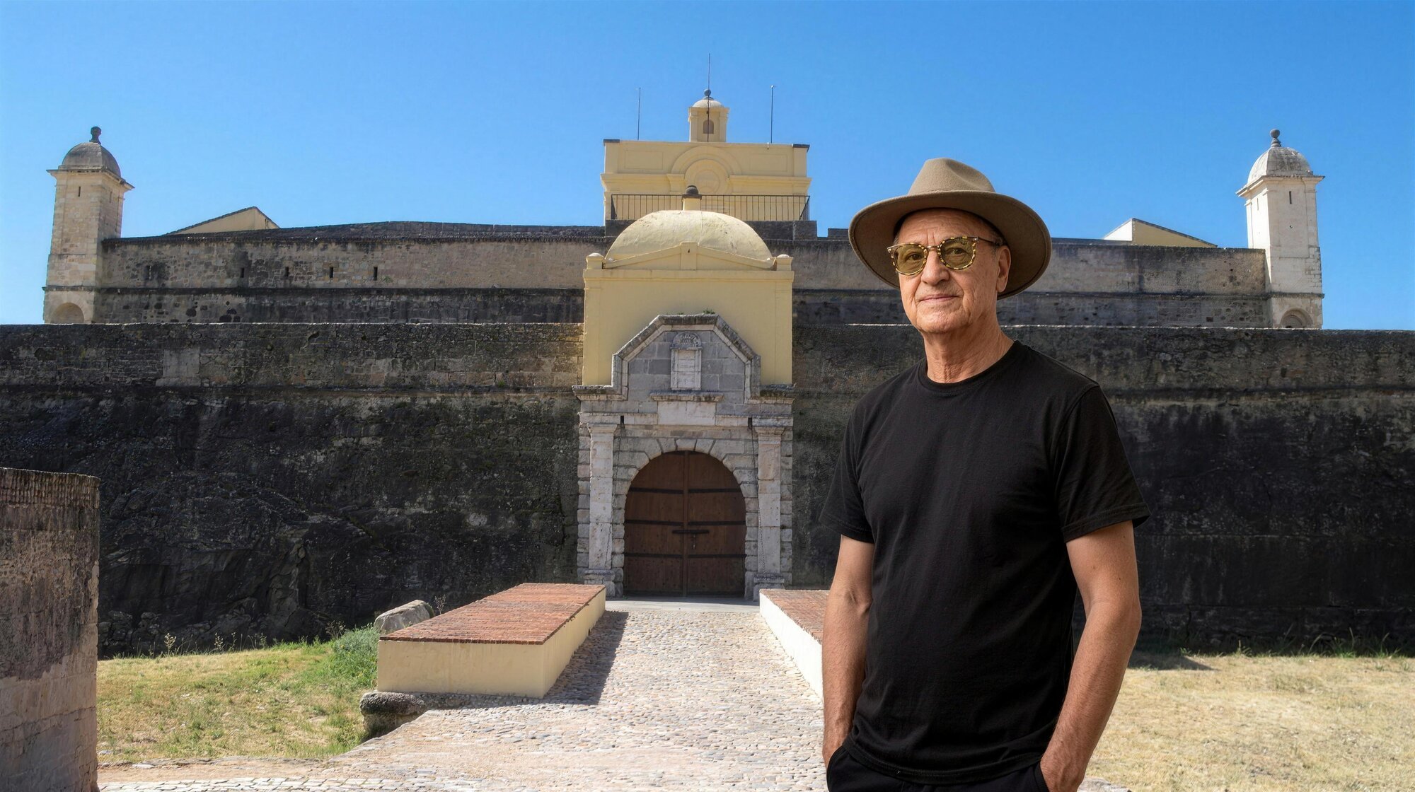 Lucas Lunes devant le fort de Nossa Senhora da Graça, forteresse en étoile d'Elvas, Alentejo, Portugal