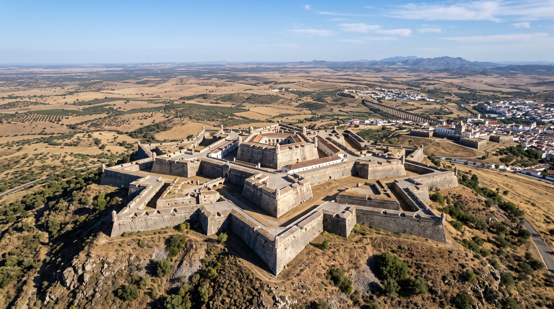 Fort de la Graça (Forte Conde de Lippe) sur sa colline dominant Elvas, plan en étoile parfaitement régulier, murs de granit clair, vaste horizon de l'Alentejo