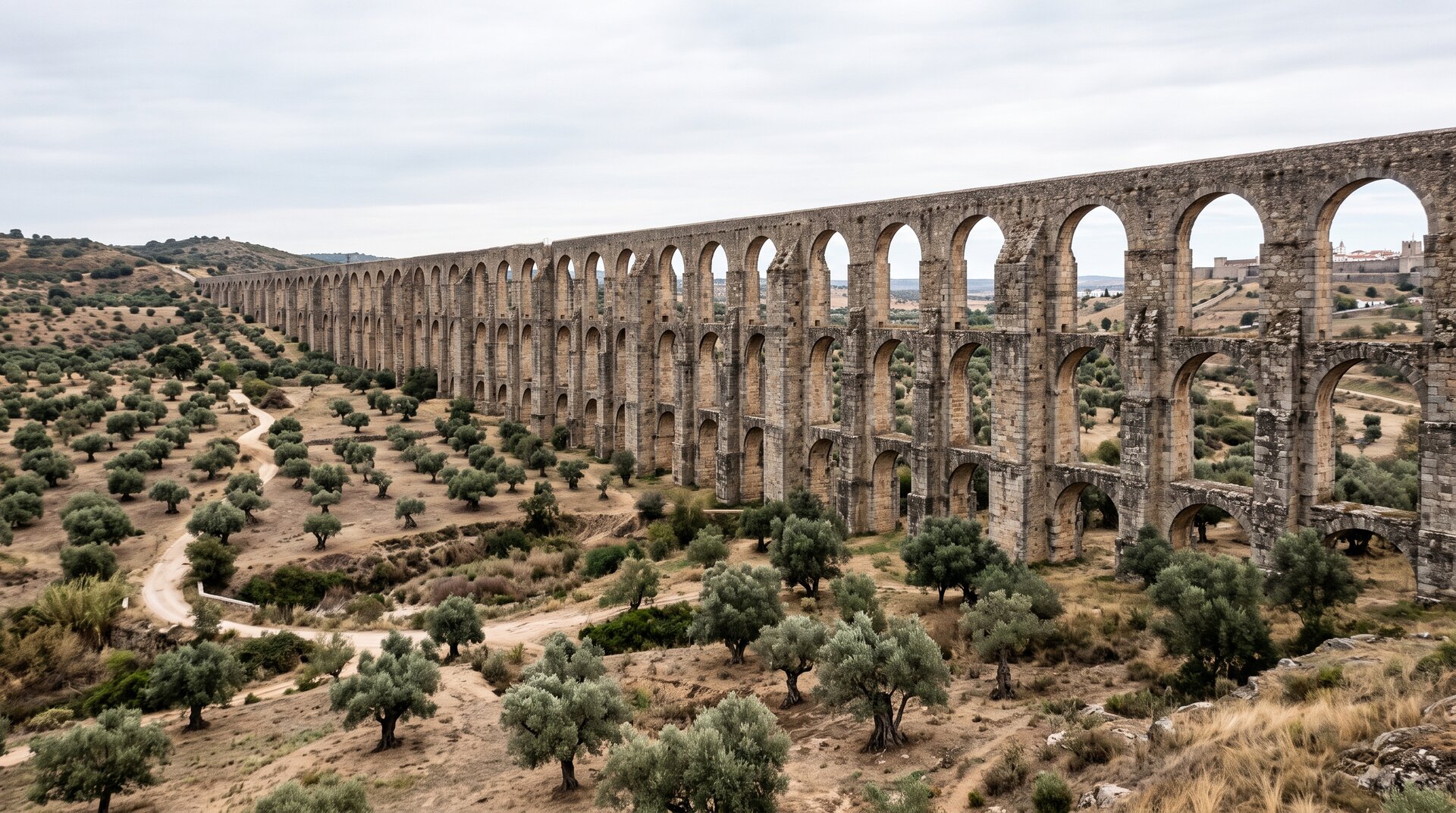 Longue file d'arches superposées de l'aqueduc d'Amoreira traversant la vallée sèche près d'Elvas, oliviers en contrebas, ciel pâle d'automne