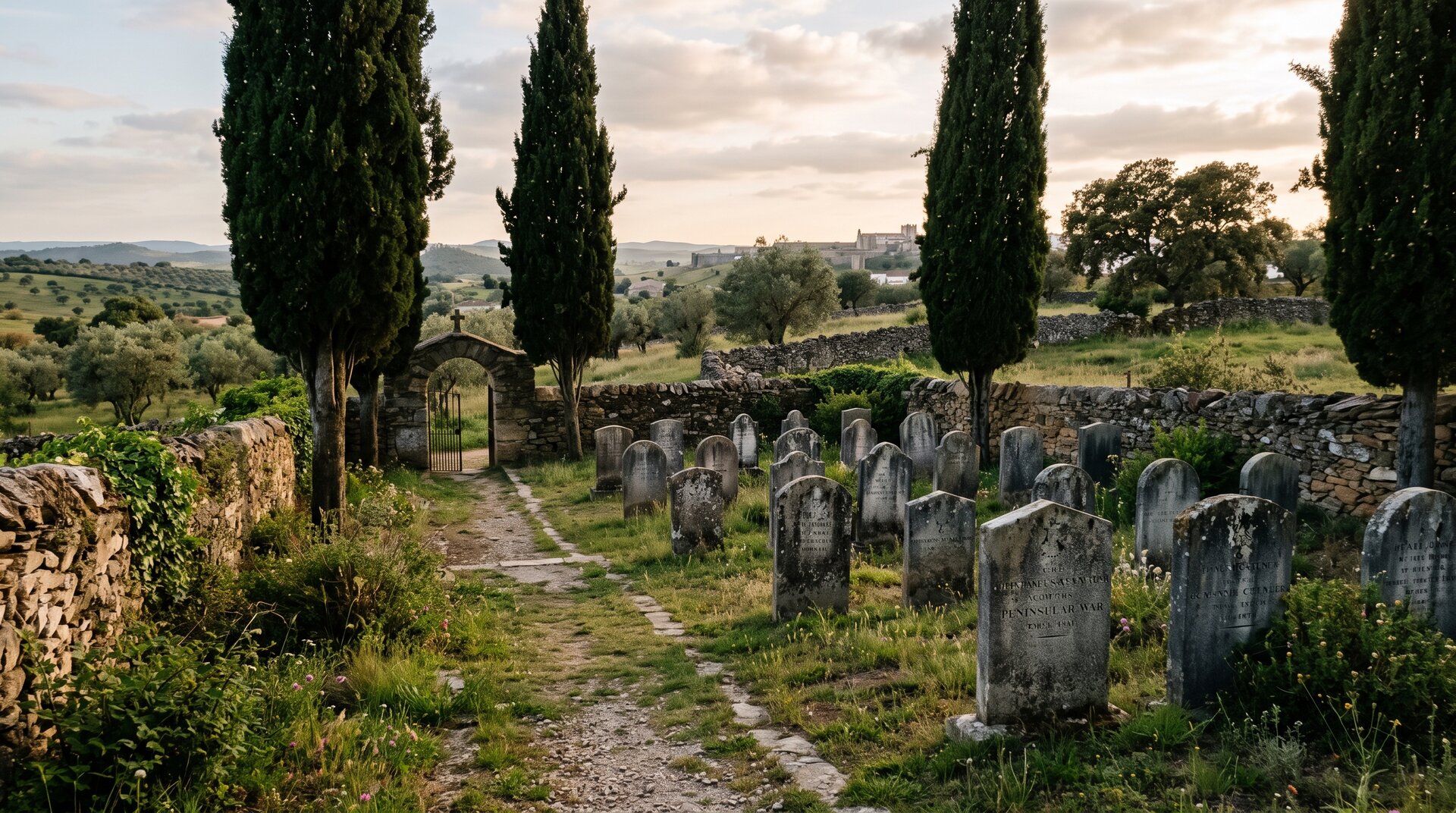 Petit cimetière anglais d'Elvas, murets de pierre et cyprès, quelques stèles usées par le temps, lumière douce de fin d'après-midi, atmosphère de recueillement