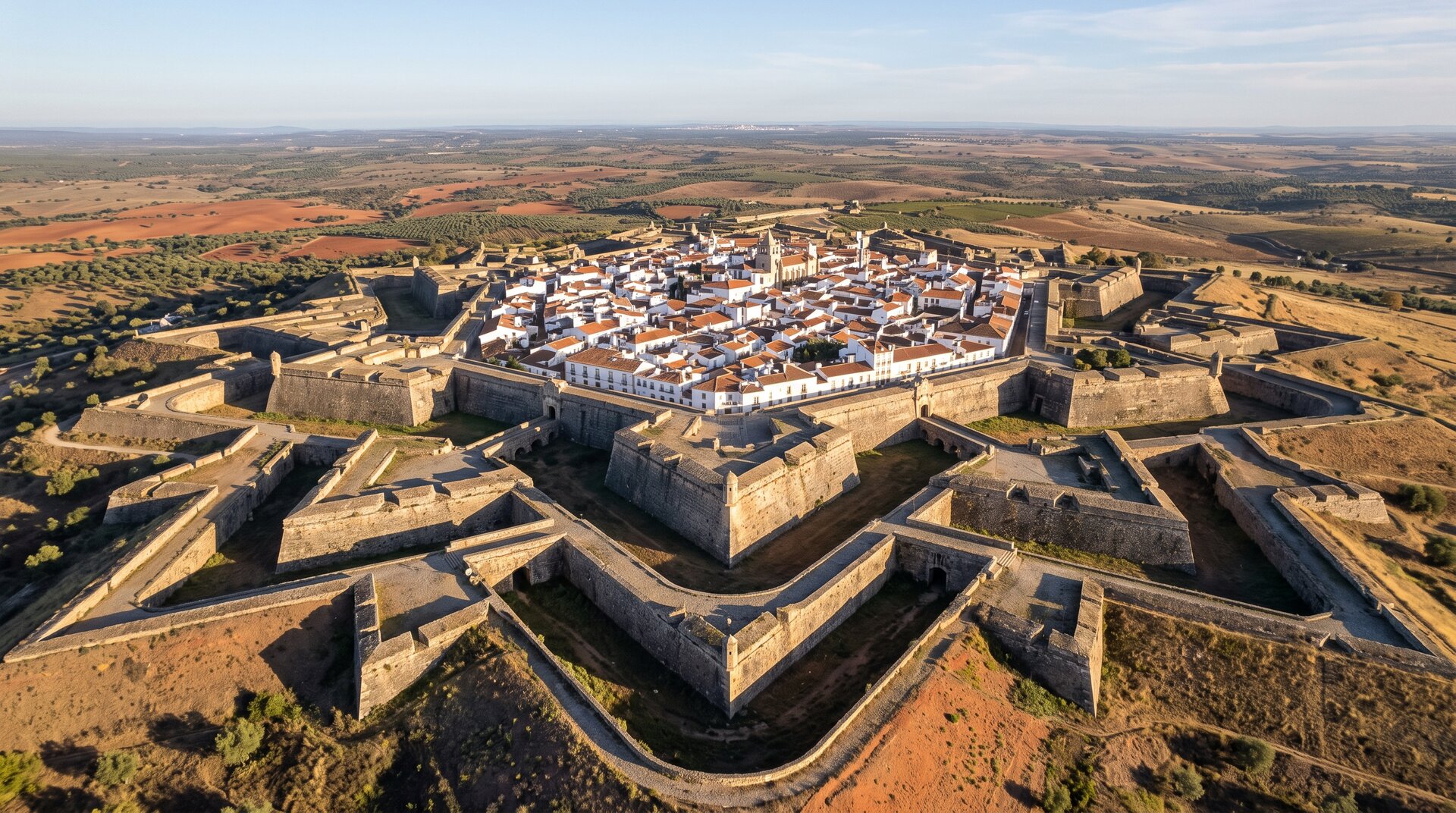 Les remparts bastionnés d'Elvas vus d'en haut au matin, fossé sec profond, angles aigus des bastions en granit et terre rouge de l'Alentejo, lumière rasante d'automne