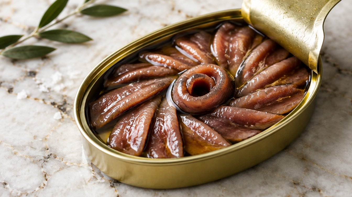 Filets d'anchois de Santoña dorés rangés en rosace dans une boîte de conserve ouverte, reflets d'huile d'olive, gros plan éditorial