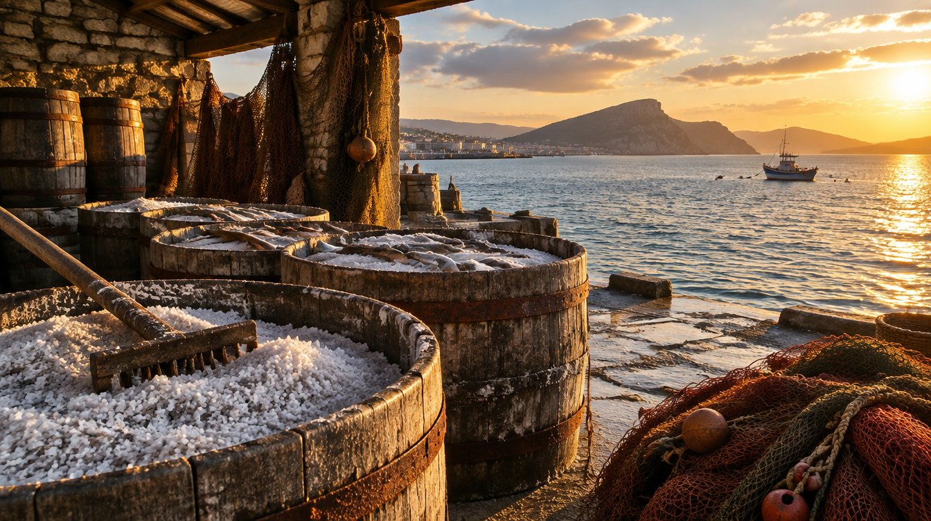Vieux hangar de salaison au bord de l'eau à Santoña, barriques de bois et sel, lumière rasante de fin d'après-midi sur le Cantabrique
