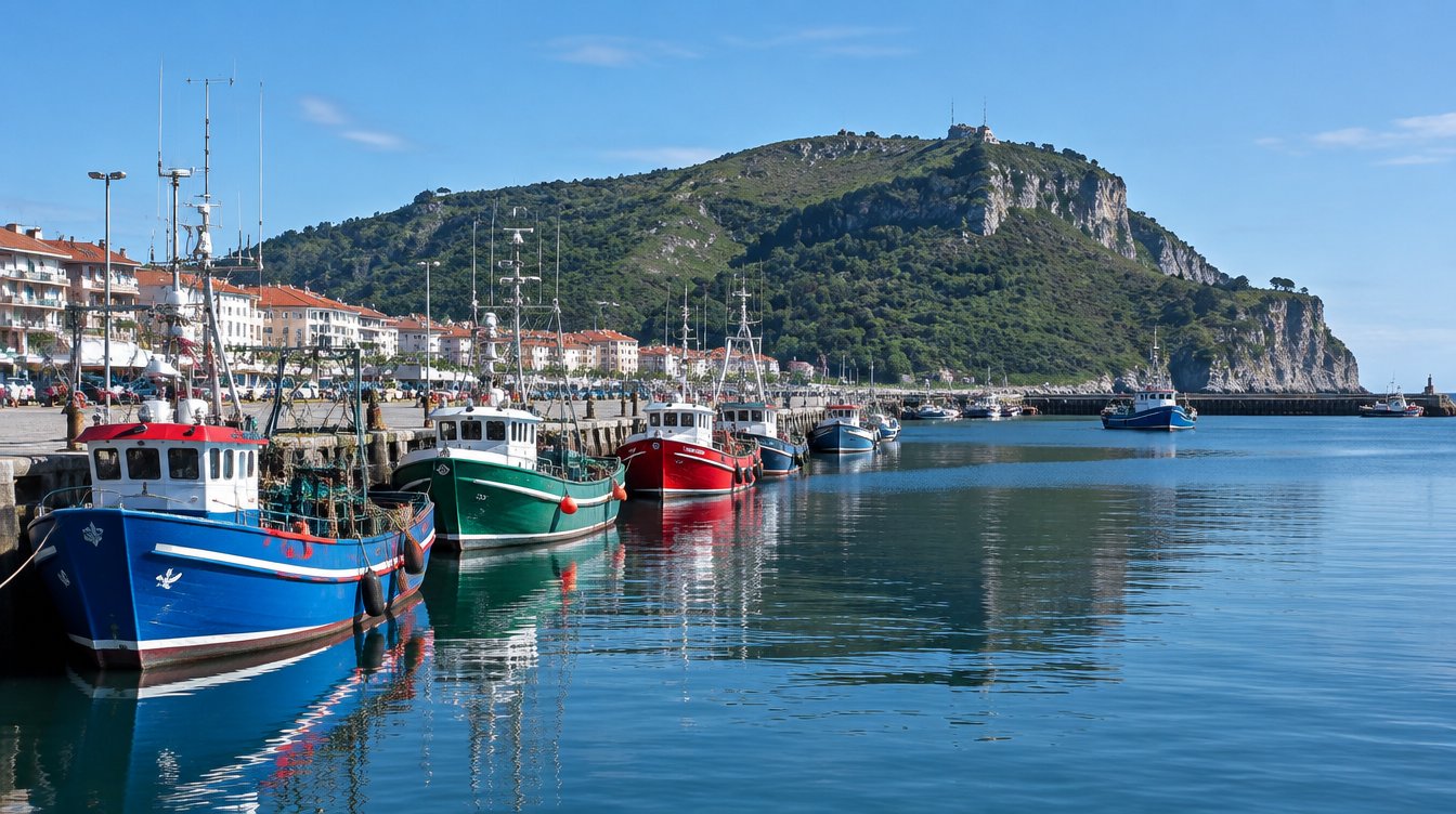 Puerto pesquero de Santoña con el Monte Buciero al fondo, barcas de pesca, Cantabria, España