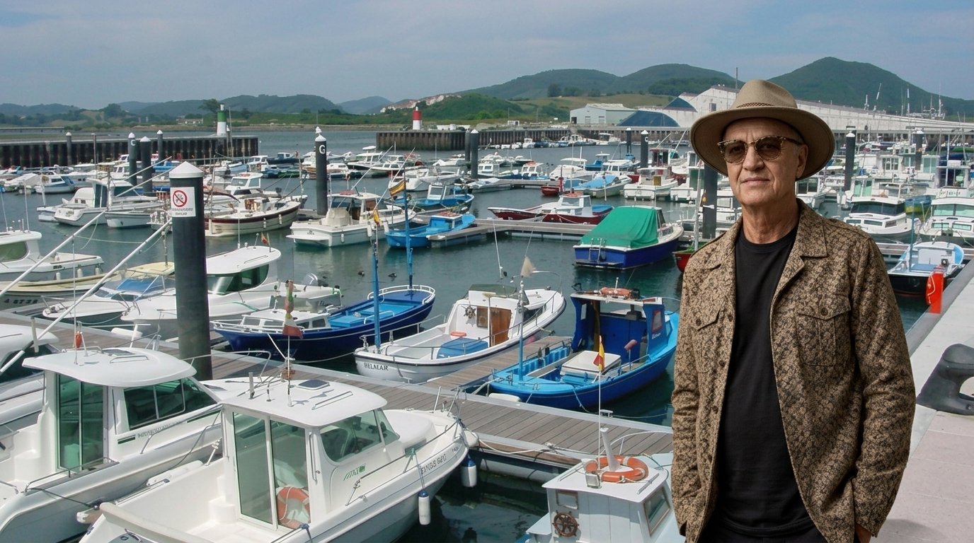 Lucas Lunes devant le port de Santoña et le Monte Buciero, Cantabrie, Espagne