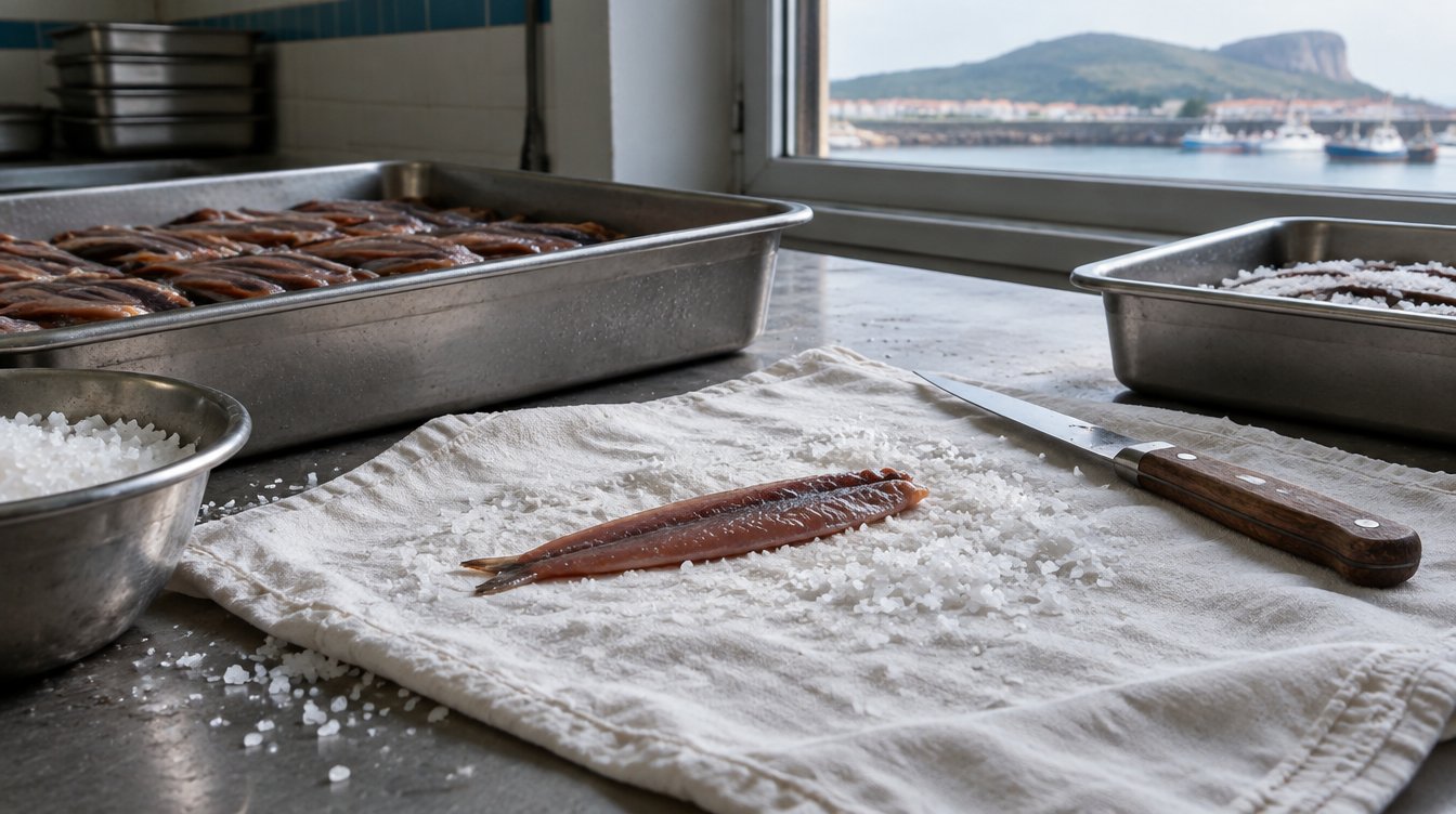 Mains ridées d'une sobadora âgée nettoyant un filet d'anchois sur une table d'atelier, sel et linge blanc, geste artisanal, Santoña