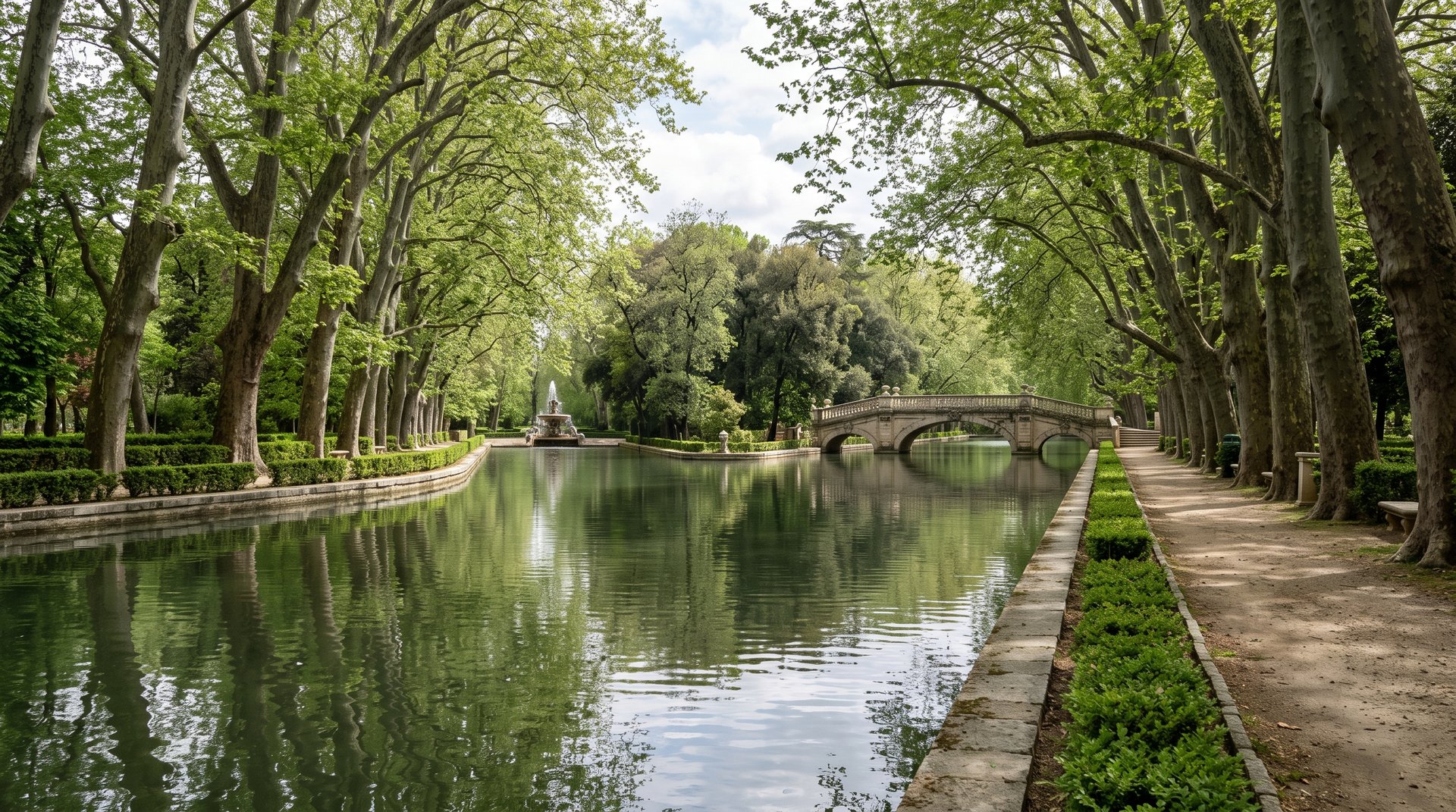 Les longues allées d'eau et les grands arbres du Jardin de la Isla d'Aranjuez le long du Tage, lumière douce de printemps, reflets sur les canaux