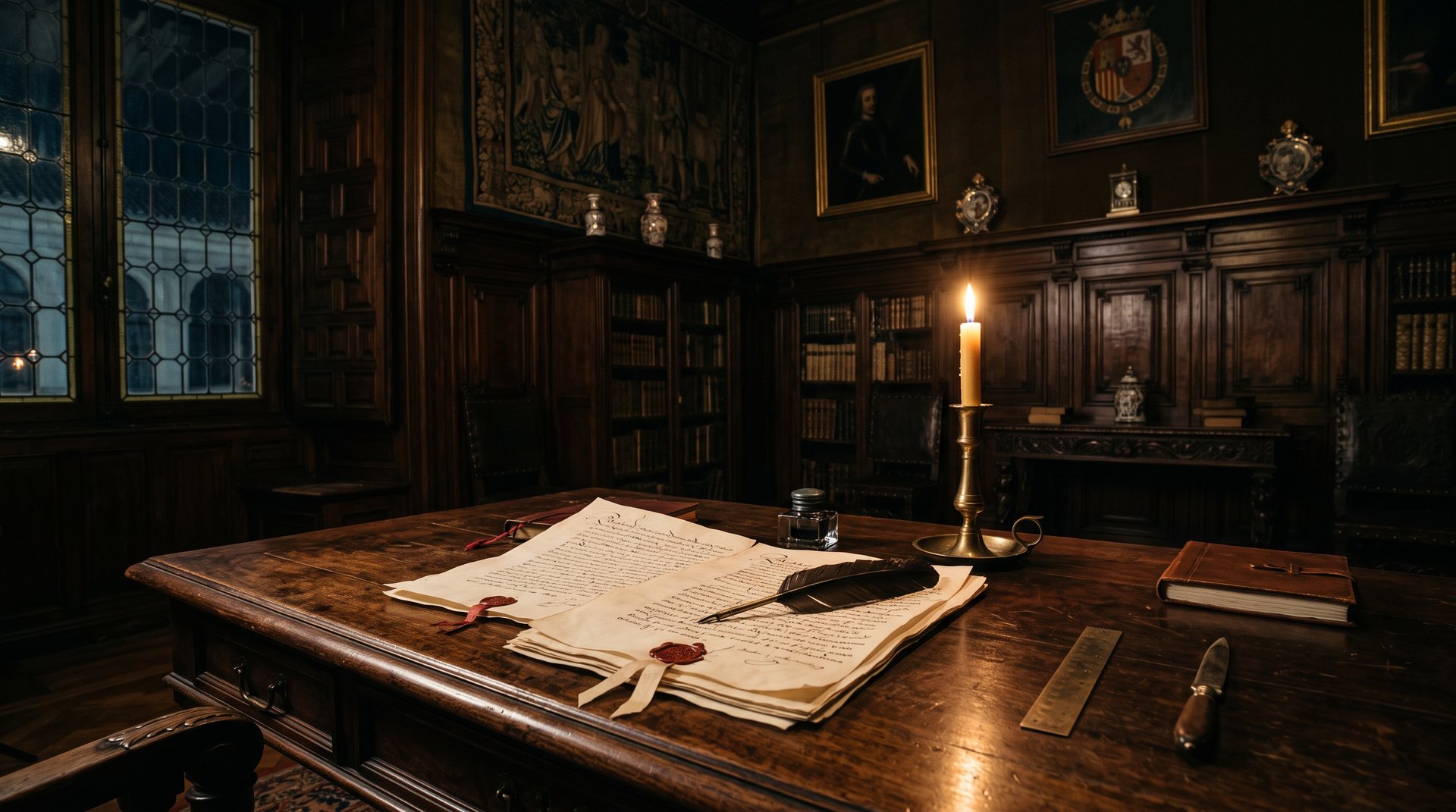 Cabinet royal du XVIIIe siecle, table de travail eclairee a la bougie, documents et plume, ambiance feutree et solennelle