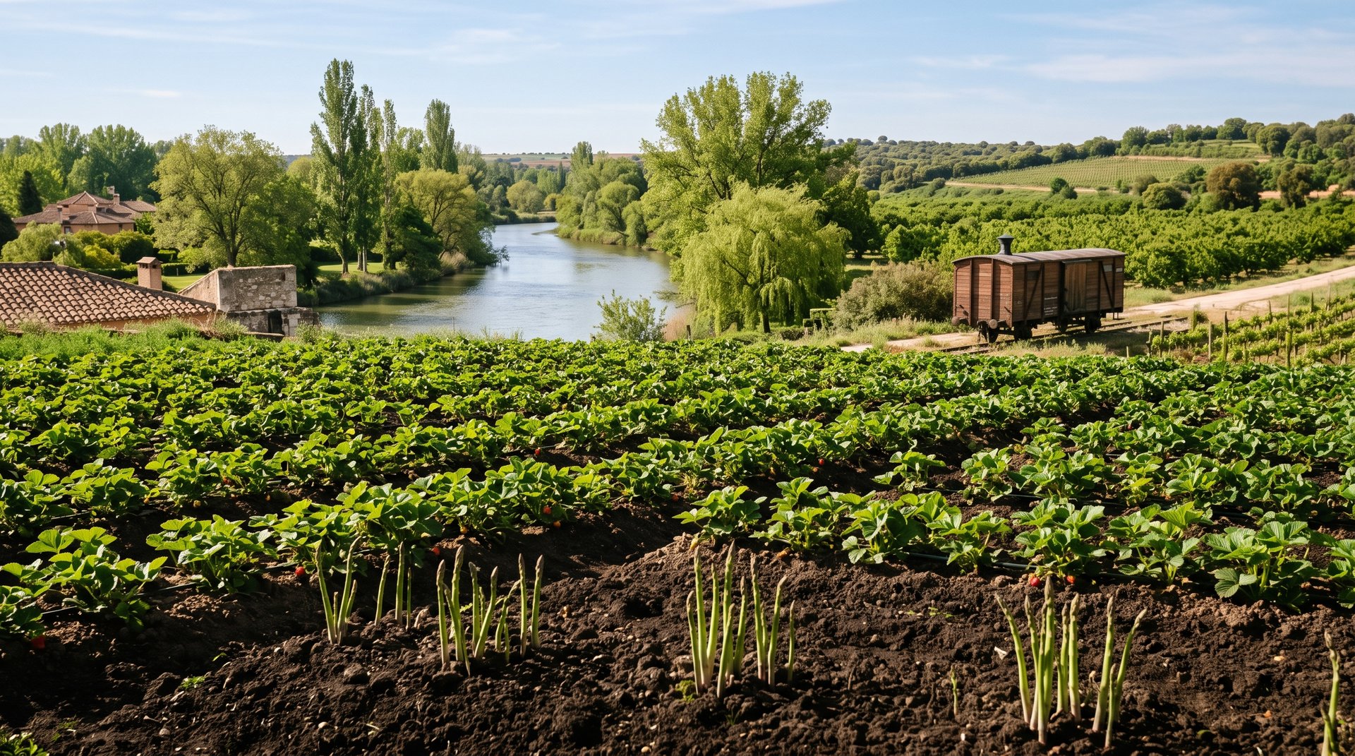 Potagers et vergers d'Aranjuez au bord du Tage, rangs de fraisiers et d'asperges, vieux wagon de train en arriere-plan, lumiere de fin de matinee