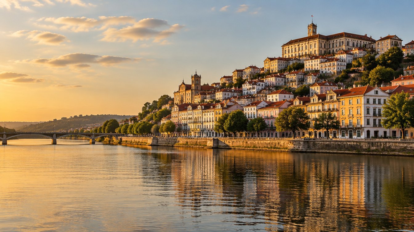 Les eaux larges et lentes du fleuve Mondego au pied de la colline de Coimbra, lumière dorée de fin d'après-midi, maisons anciennes étagées sur la rive, aucune personne visible, photographie de voyage éditoriale réaliste