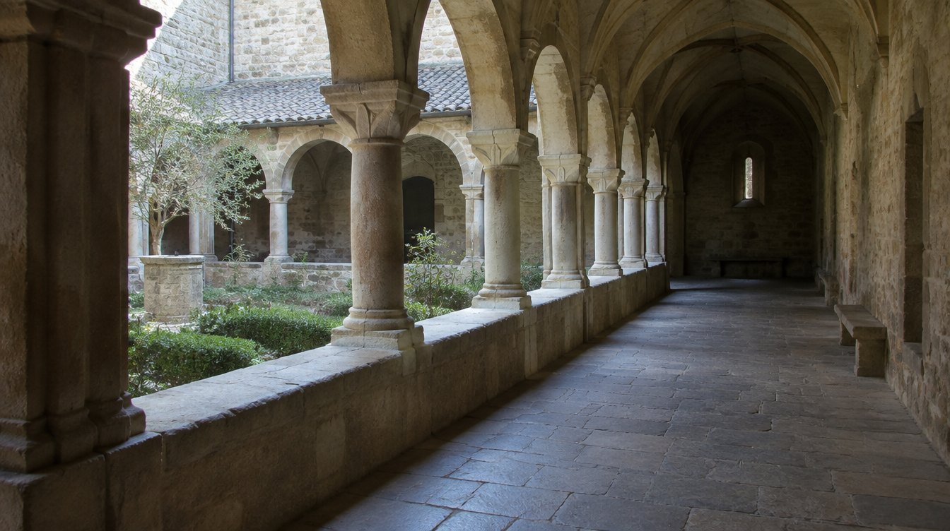Intérieur d'un cloître médiéval en pierre nue de couvent de clarisses, colonnes sobres, lumière tamisée venant d'une cour, sol de dalles usées, atmosphère de recueillement, aucune personne, photographie réaliste