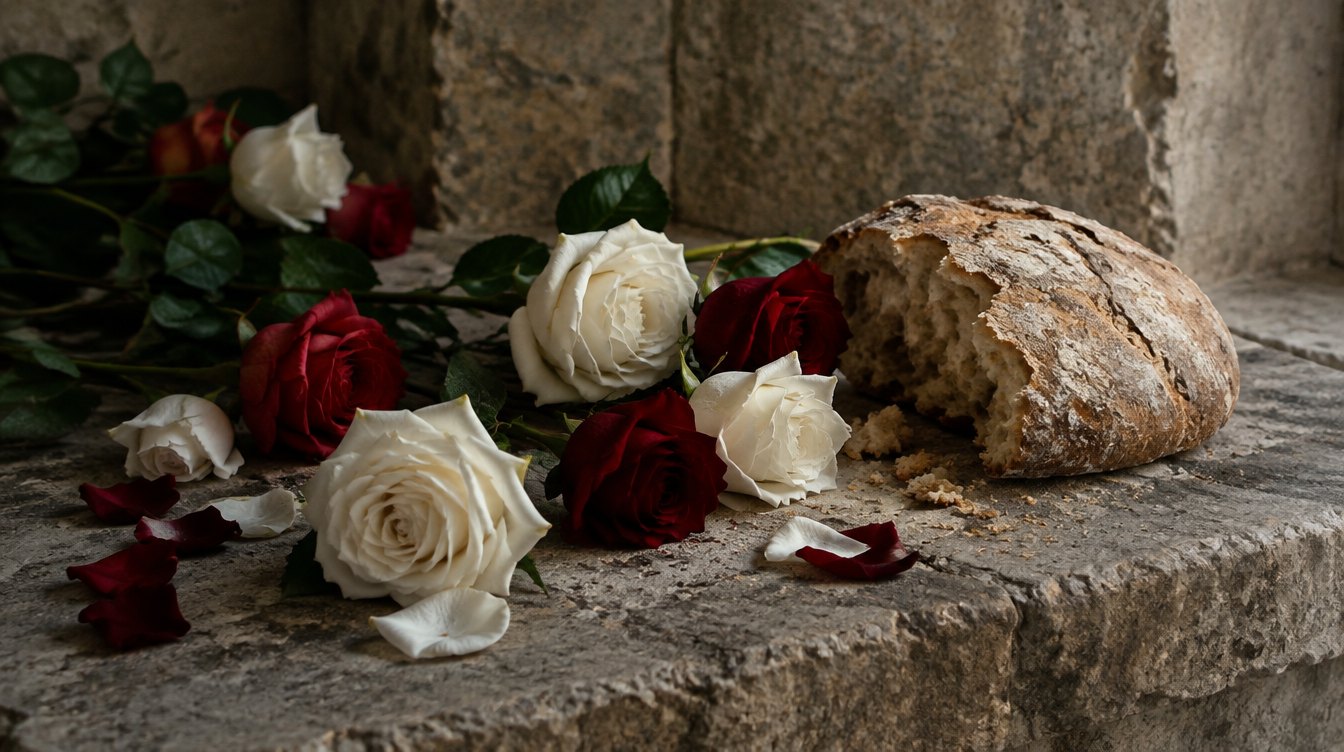 Nature morte de roses blanches et rouges éparpillées sur une dalle de pierre ancienne à côté d'un morceau de pain rustique, lumière douce, ambiance symbolique et sobre, aucune personne, photographie réaliste
