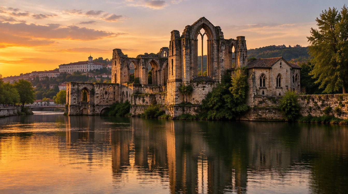 Ruines de pierre du monastère gothique de Santa Clara-a-Velha émergeant au bord du fleuve Mondego à Coimbra au crépuscule, lumière ambrée, reflets dans l'eau, aucune personne, photographie de voyage réaliste
