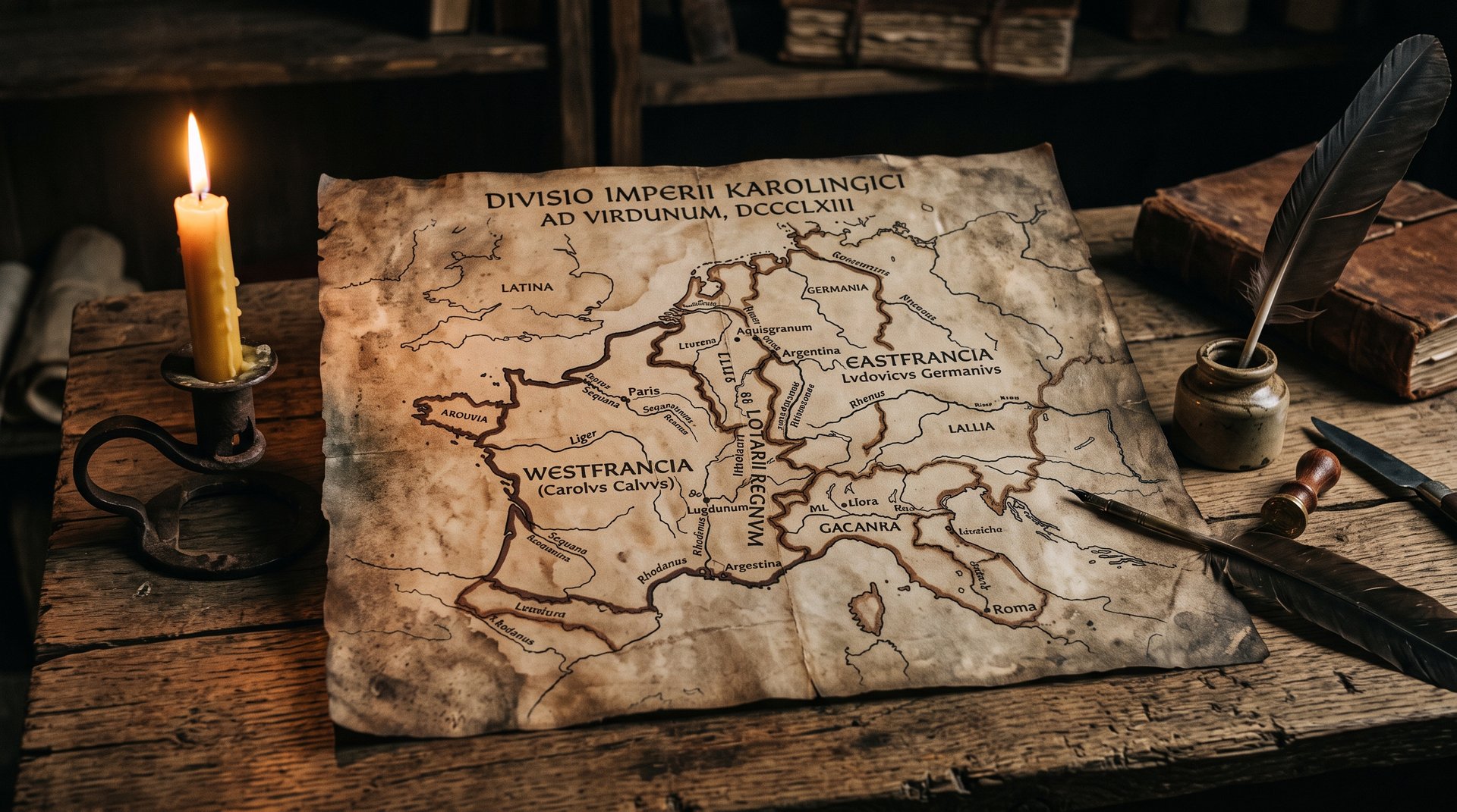 Carte médiévale de l'empire carolingien partagé en trois lors du traité de Verdun en 843, parchemin ancien, frontières tracées à l'encre brune, ambiance de scriptorium à la lueur d'une bougie