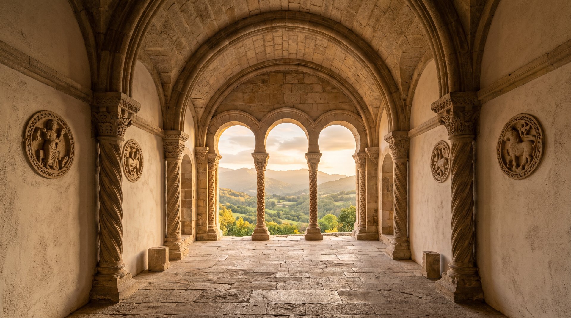 L'intérieur de la grande salle haute de Santa María del Naranco, voûte de pierre en berceau nervurée, loggia à triple arcade ouvrant sur la vallée, colonnes aux fûts torsadés et médaillons sculptés, lumière dorée du soir