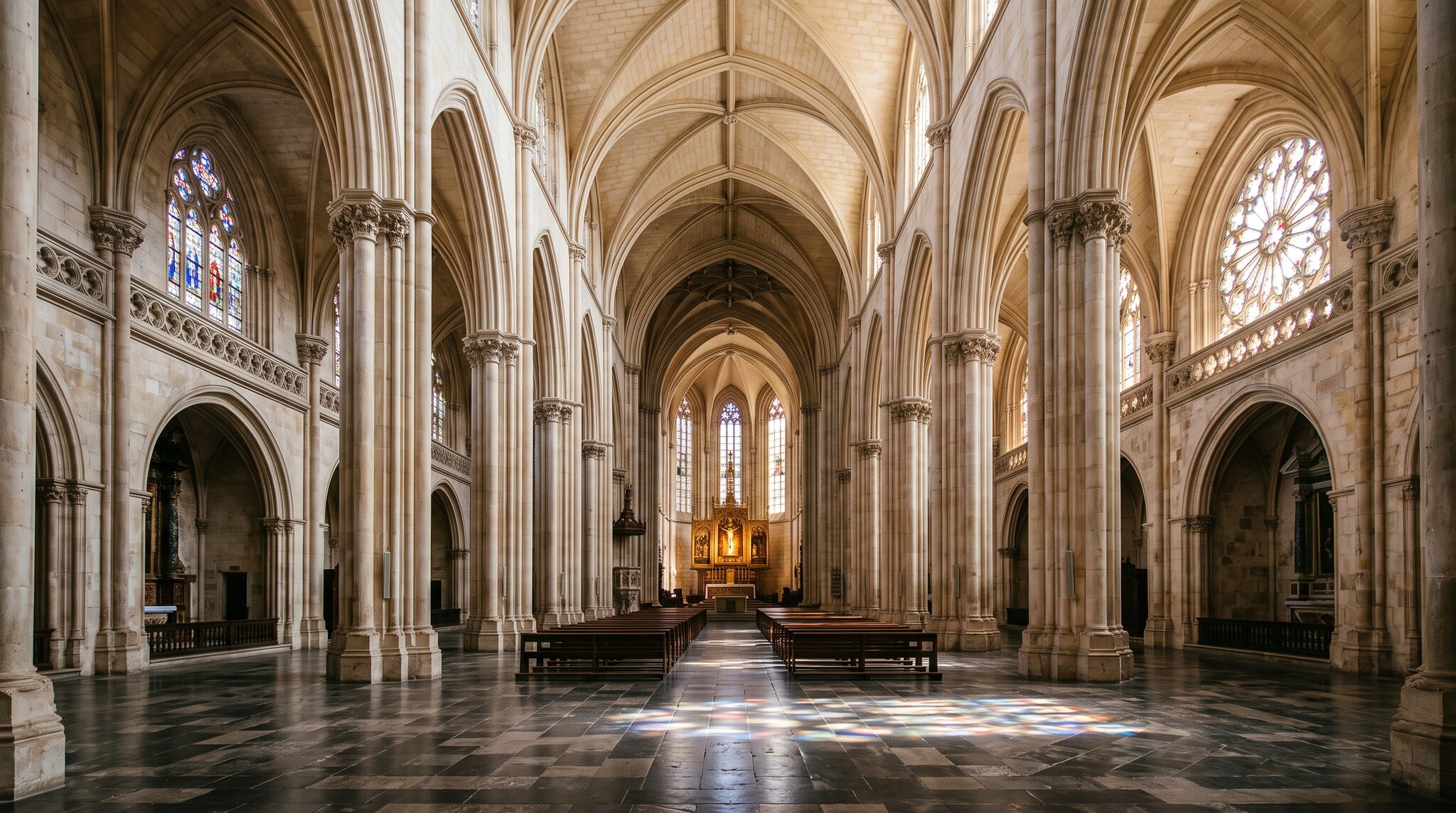 Intérieur du monastère de Batalha, hautes voûtes gothiques nervurées en calcaire clair, lumière filtrant par de grands vitraux, nef solennelle et déserte