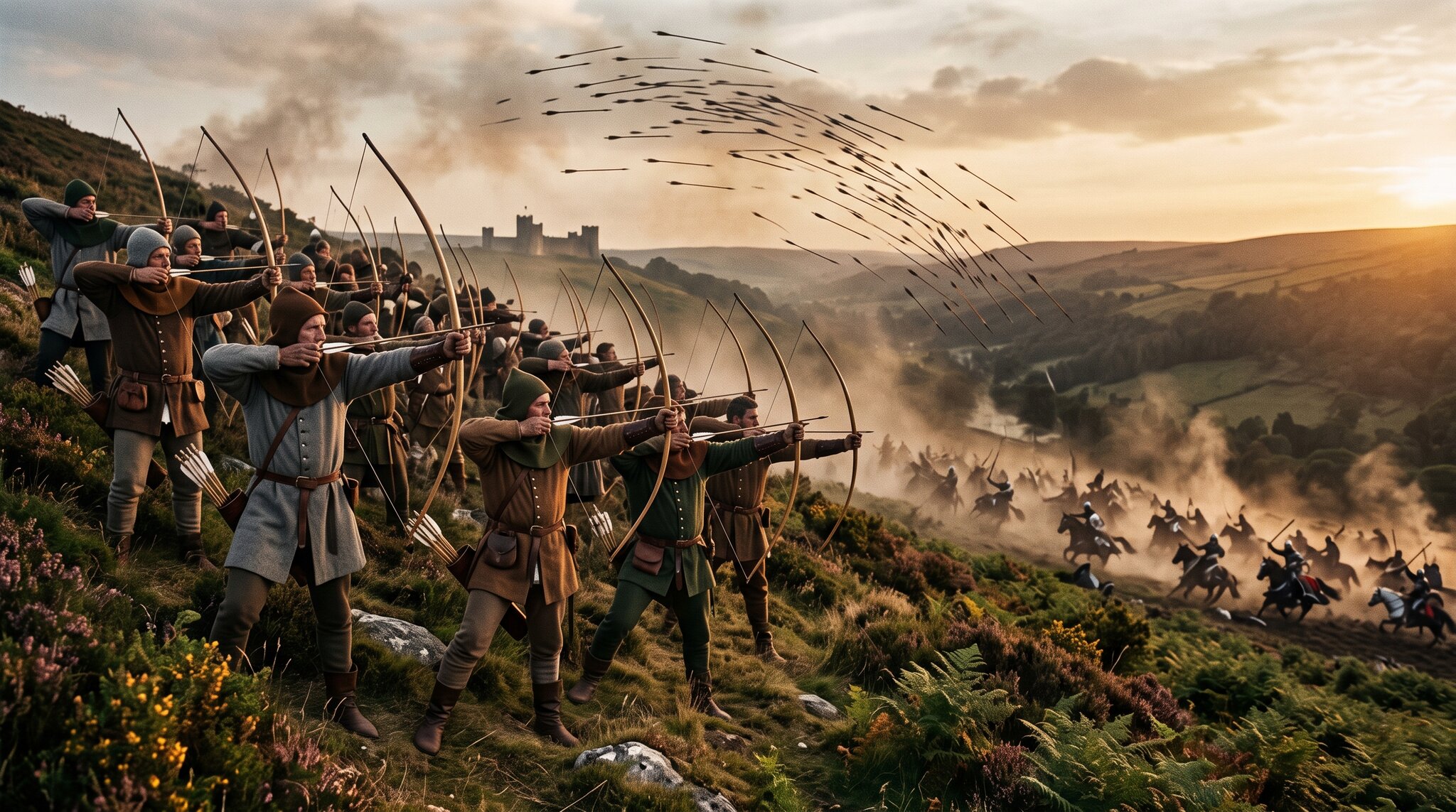 Archers anglais médiévaux en tuniques du XIVe siècle bandant de grands arcs en if sur le flanc d'une colline, nuée de flèches en plein vol vers le bas de la pente, cavalerie en déroute au loin dans la poussière, fin de journée