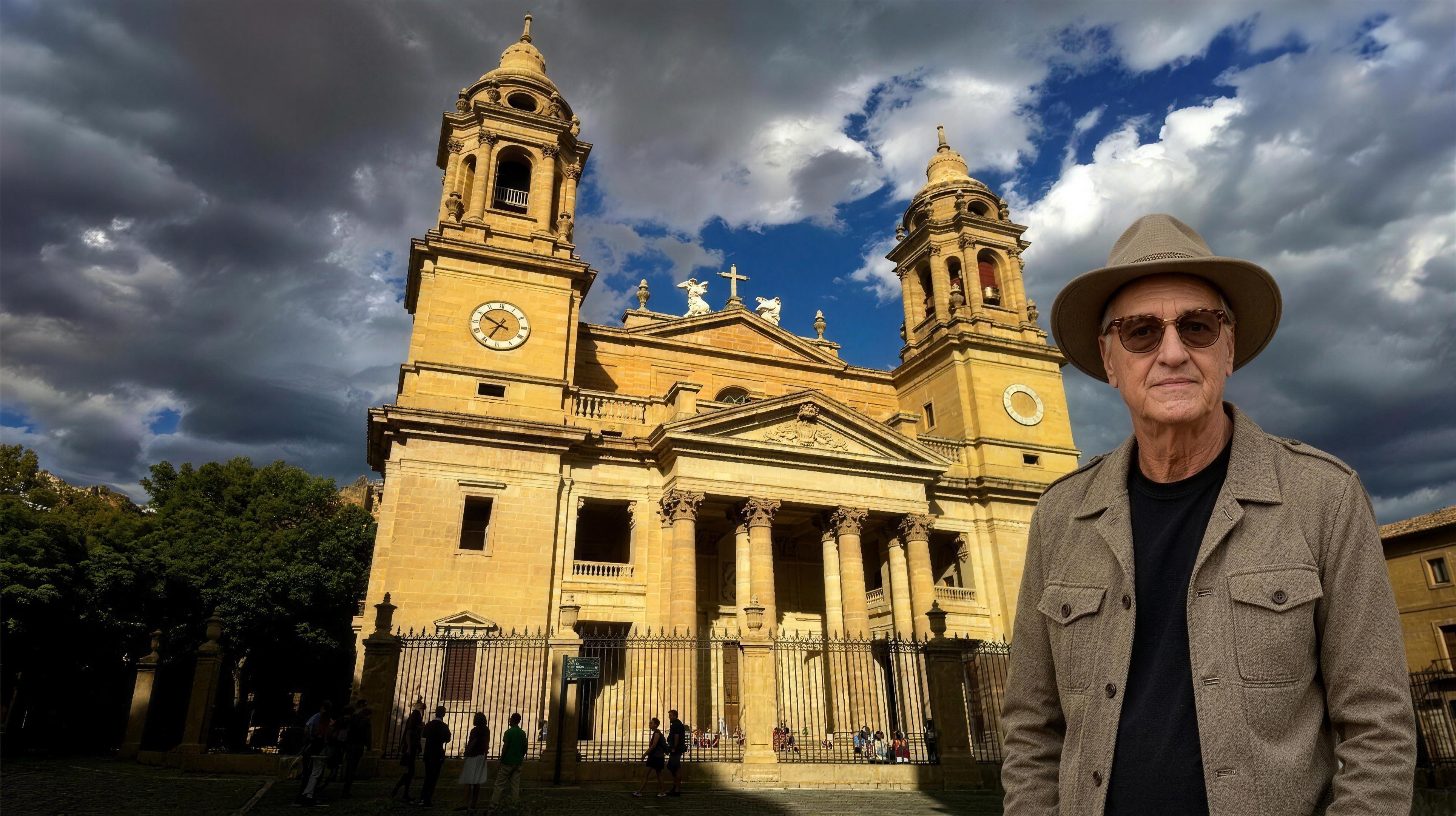 Lucas Lunes devant la cathédrale Santa María la Real de Pampelune, Navarre, Espagne