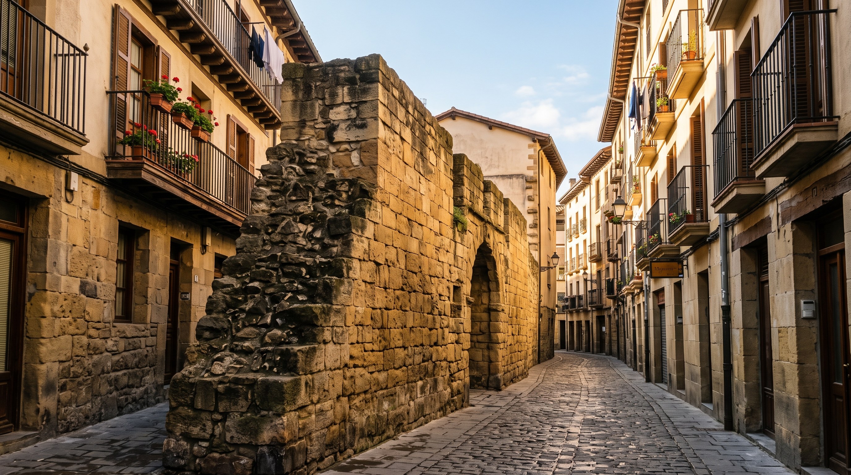 Ruelle du casco viejo de Pampelune où affleure le vestige d'une ancienne muraille médiévale séparant deux quartiers, pierre de taille dorée, lumière rasante du matin, façades anciennes
