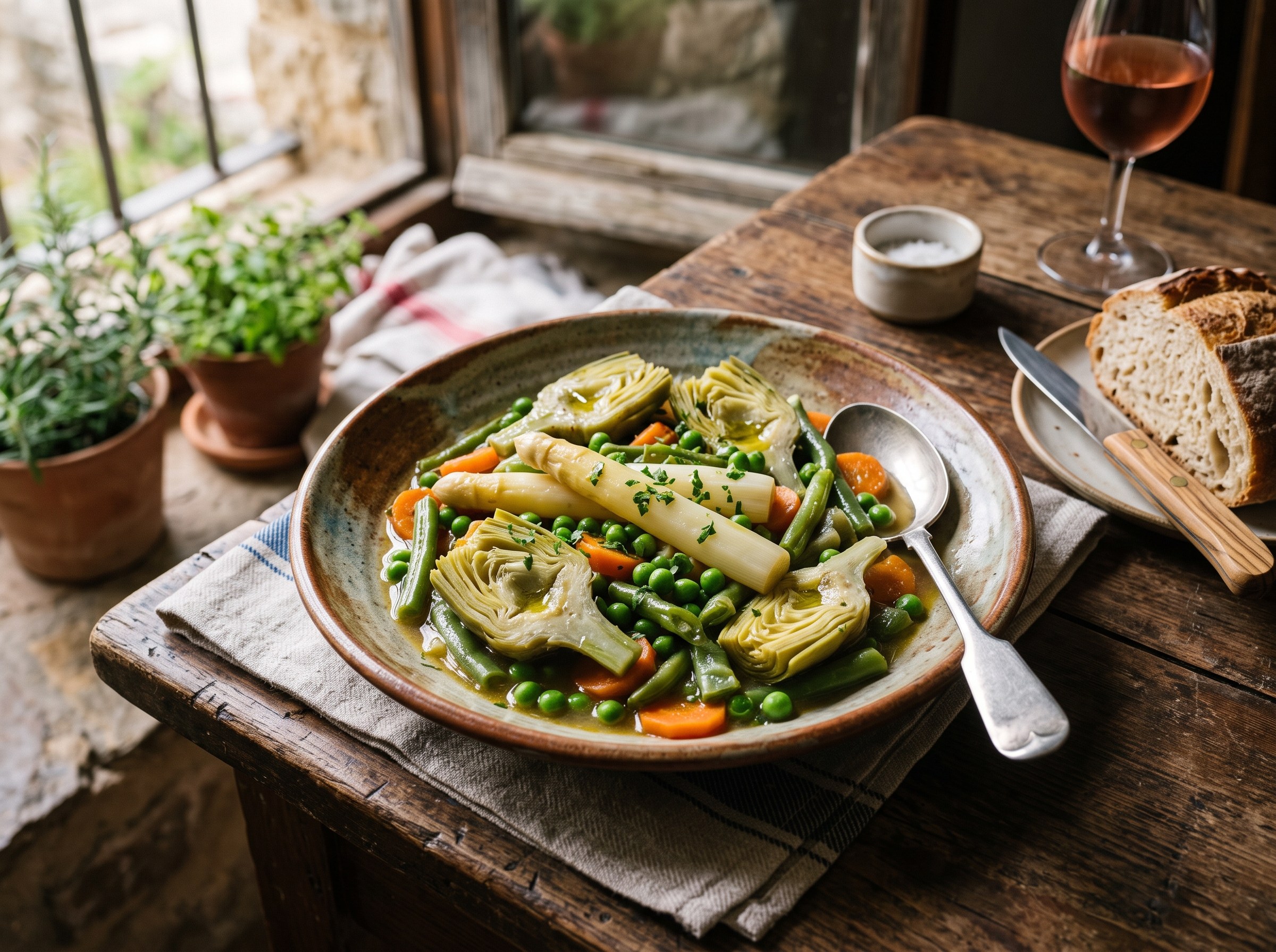 Menestra de verduras navarra, légumes de la Ribère cuits séparément, servie au Café Iruña, Pampelune, Navarre, Espagne