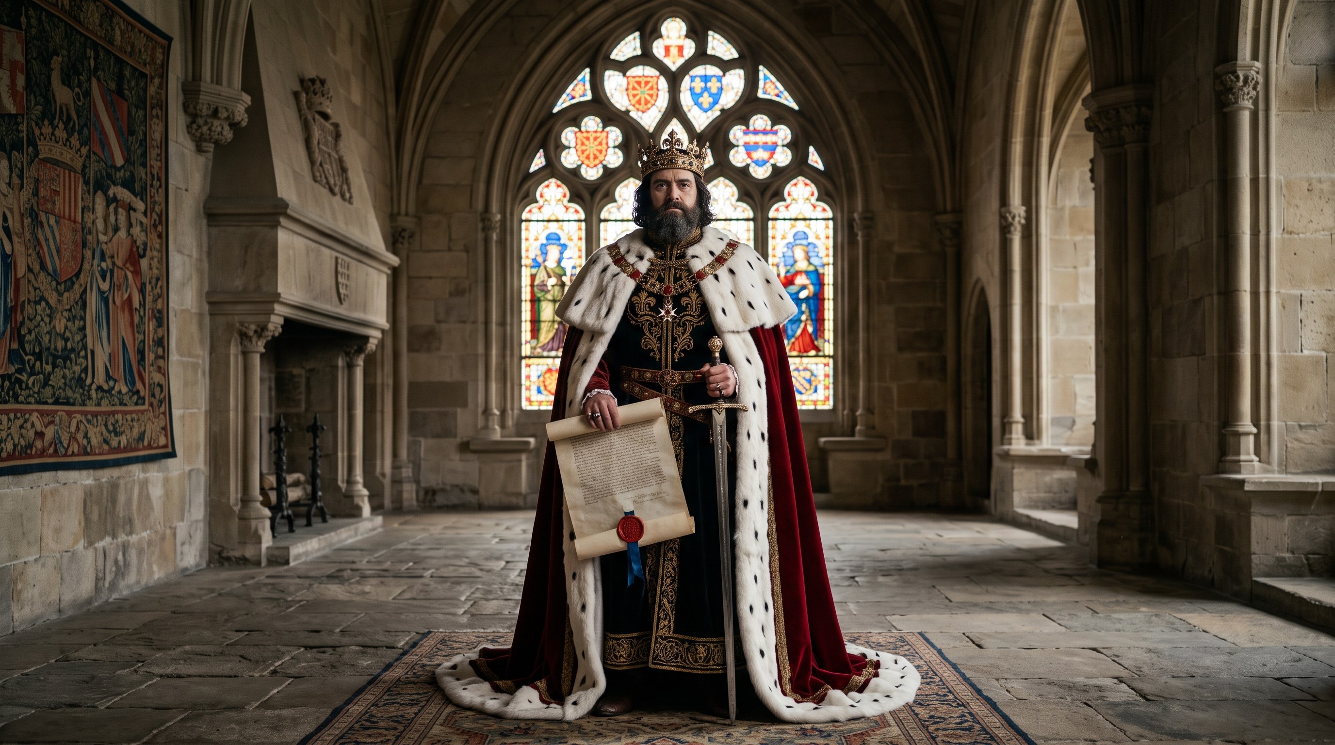 Portrait d'apparat de Charles III le Noble de Navarre, roi médiéval en manteau d'hermine tenant un parchemin scellé, salle gothique aux vitraux colorés, atmosphère solennelle, reconstitution historique