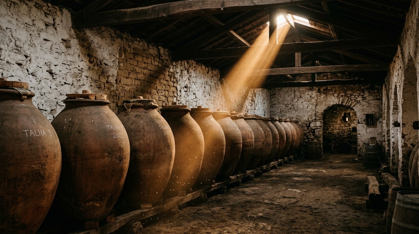 Intérieur sombre d'une adega alentejane en terre battue, rangée de grandes jarres en argile brune (talhas) hautes comme un homme, lumière dorée entrant par une lucarne, poussière en suspension, ambiance de cave ancienne
