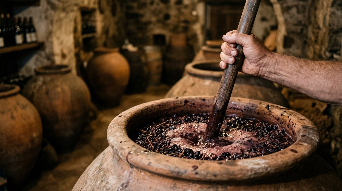 Gros plan sur une main plongeant un long bâton de bois dans une jarre de terre ouverte remplie de moût en fermentation, chapeau de peaux de raisin sombres à la surface, lumière tamisée de cave alentejane