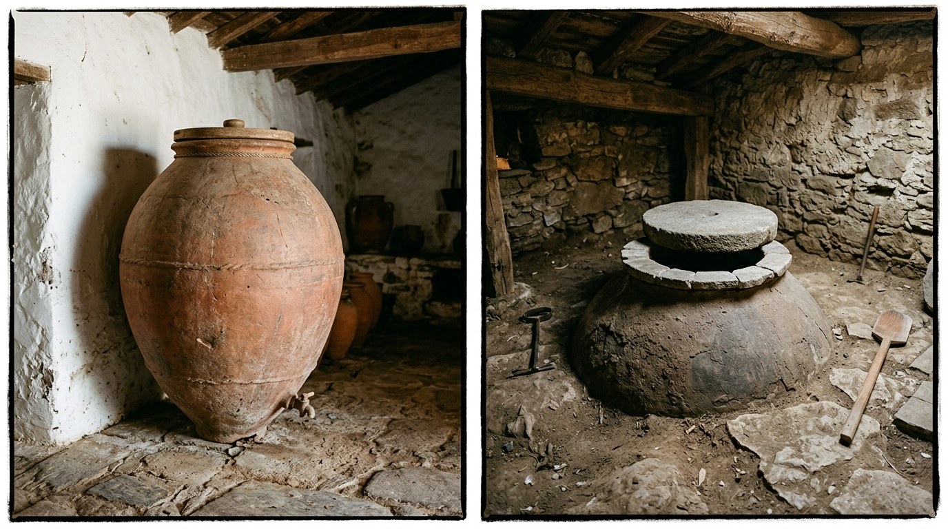 Deux grandes jarres d'argile face à face, l'une dans une cave de l'Alentejo, l'autre à demi enterrée dans un sol de cave géorgienne (qvevri), diptyque évoquant deux traditions jumelles de vinification en terre cuite, lumière douce