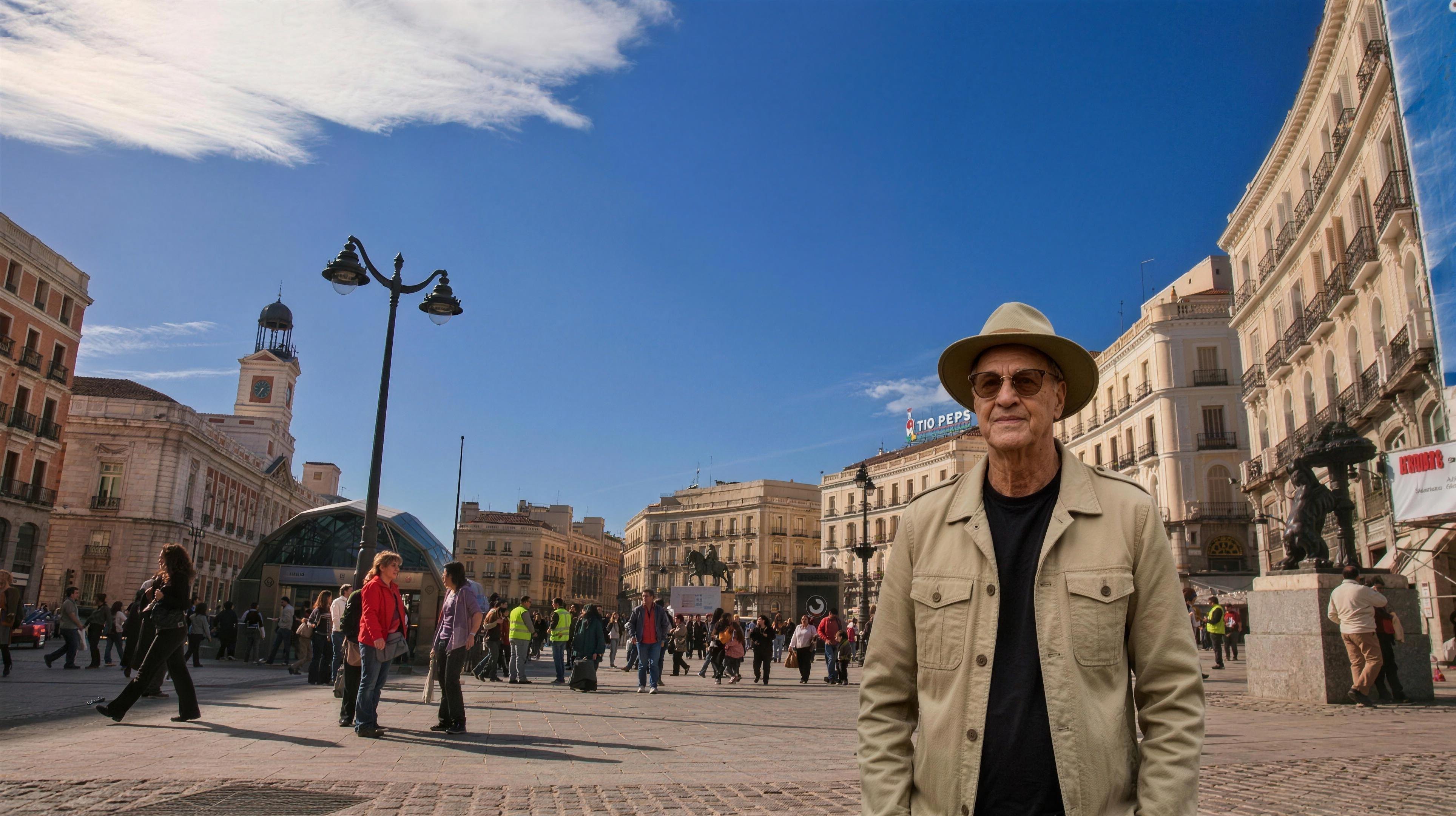 Lucas Lunes devant la Puerta del Sol, Madrid, Espagne