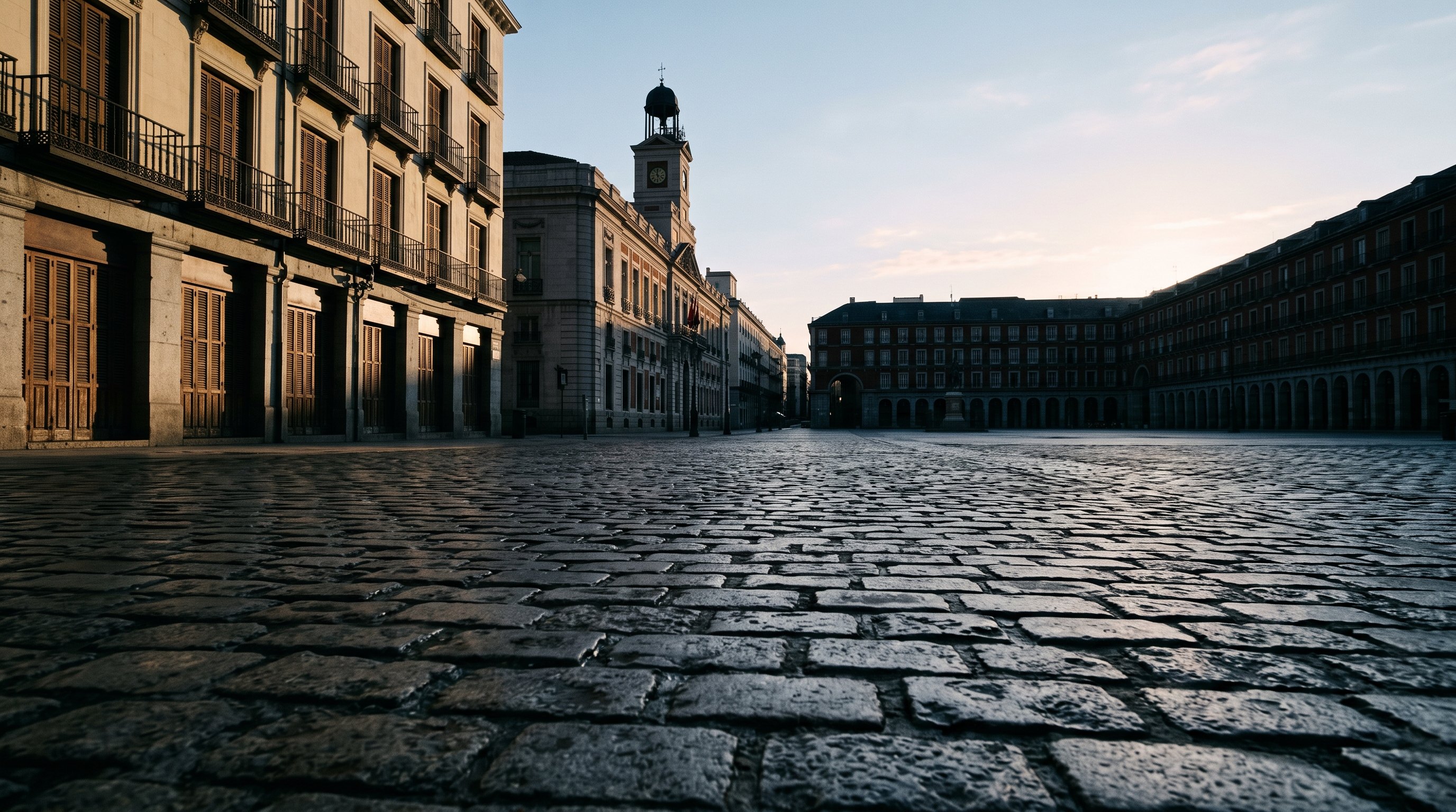 Les pavés anciens de la Puerta del Sol de Madrid au ras du sol, longues ombres du matin, façades fermées, atmosphère tendue et silencieuse