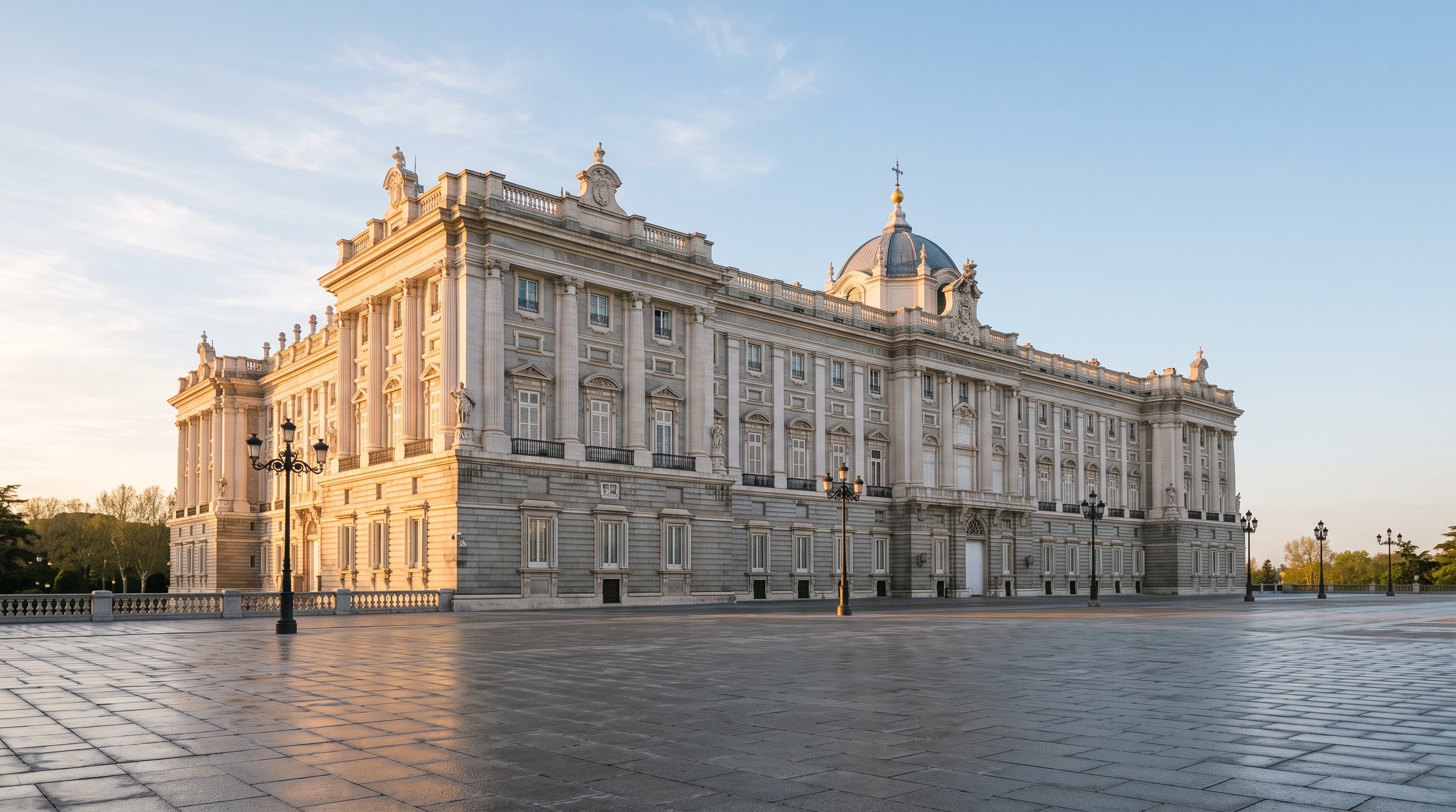 La façade du Palacio Real de Madrid au petit matin, lumière dorée rasante sur la pierre claire, place déserte, ciel de printemps limpide