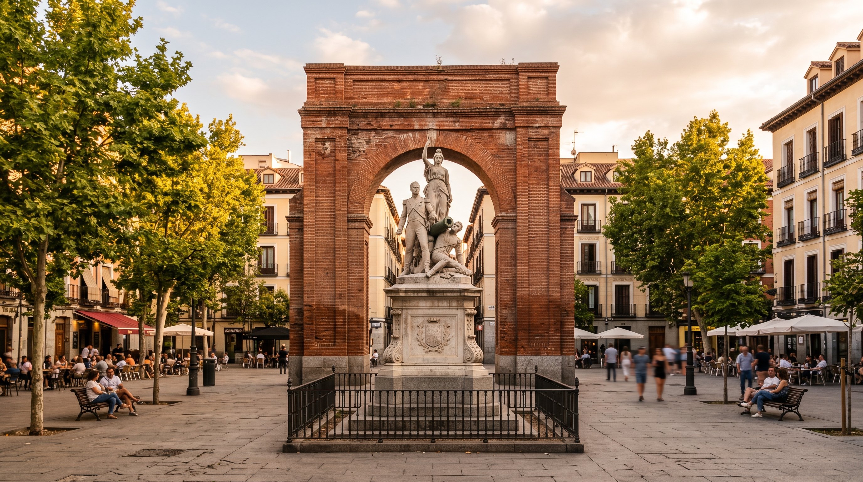 La Plaza del Dos de Mayo à Madrid, l'arche de brique vestige de la caserne de Monteleón et le monument en pierre aux capitaines Daoíz et Velarde, fin de journée