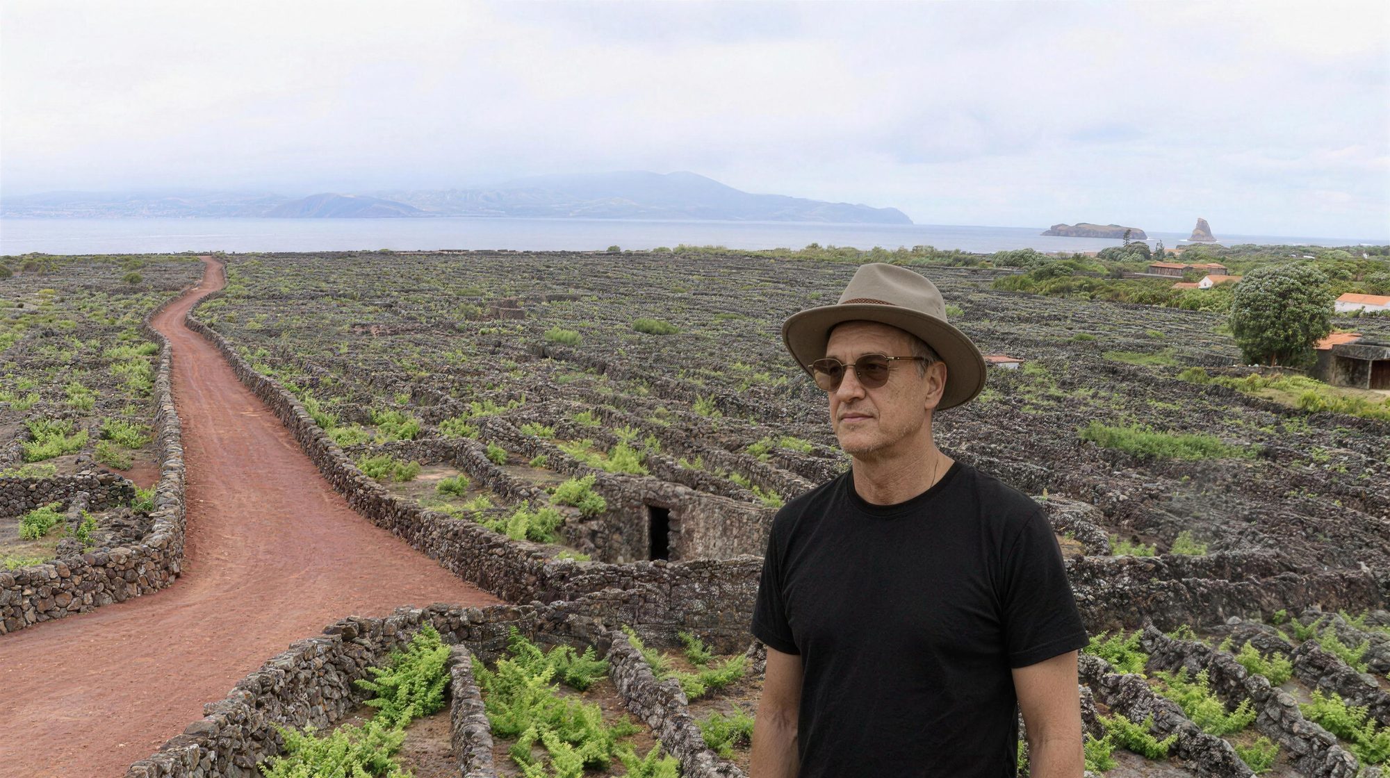 Lucas Lunes devant les vignes de lave de l'île de Pico, Açores, Portugal