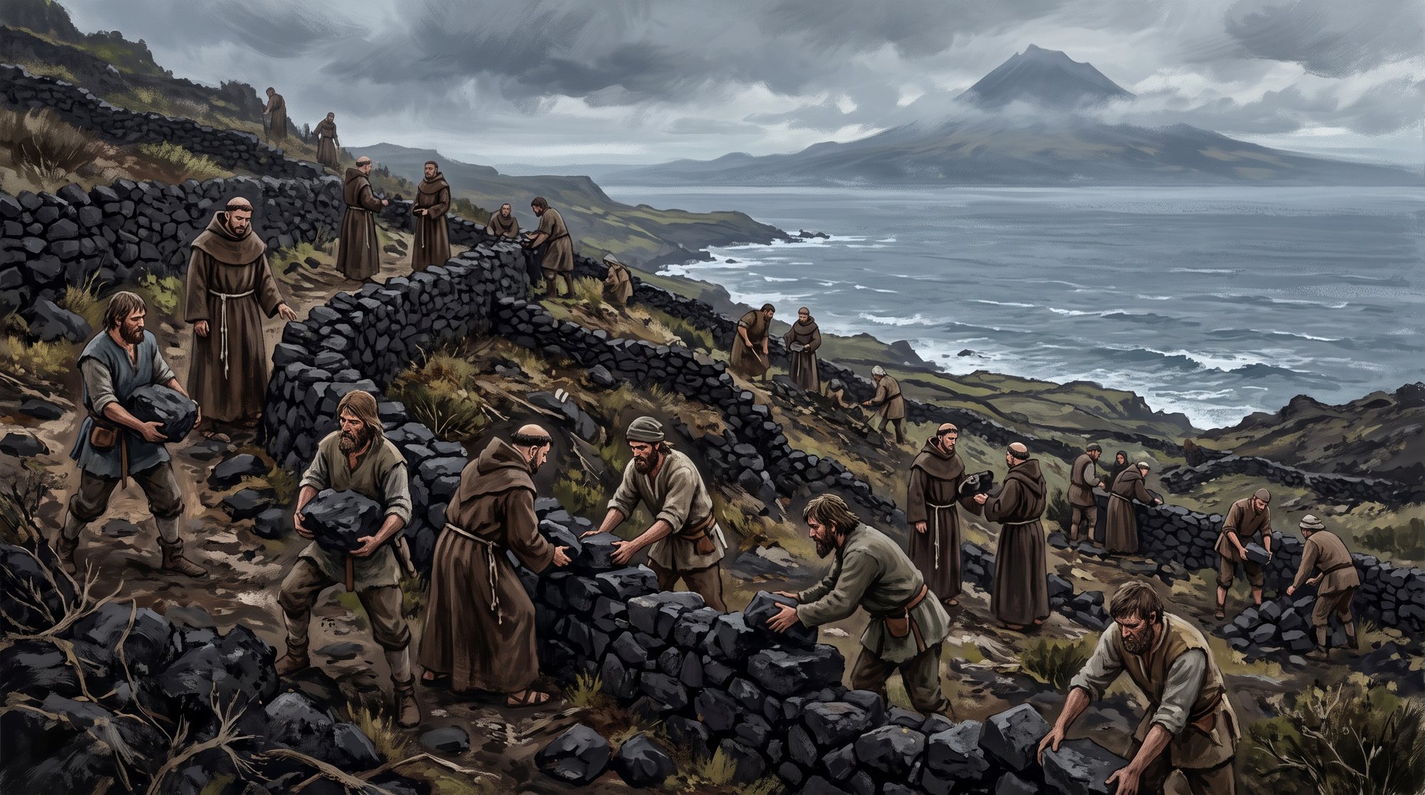 Moines franciscains et colons du XVe siècle construisant des murets de pierre de lave sur le flanc volcanique de l'île de Pico, ambiance de labeur, ciel atlantique gris, style peinture historique réaliste