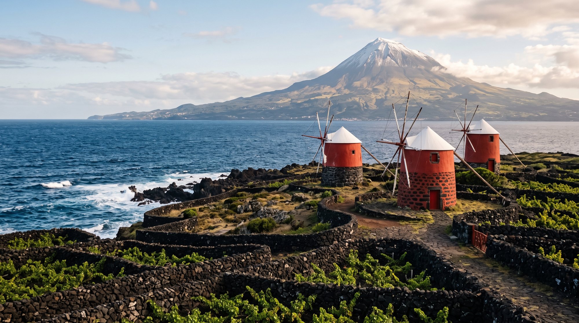 Moulins à vent rouges traditionnels de Criação Velha sur l'île de Pico au bord de l'océan, avec le cône de la montagne de Pico en arrière-plan, lumière d'après-midi, photographie de voyage réaliste