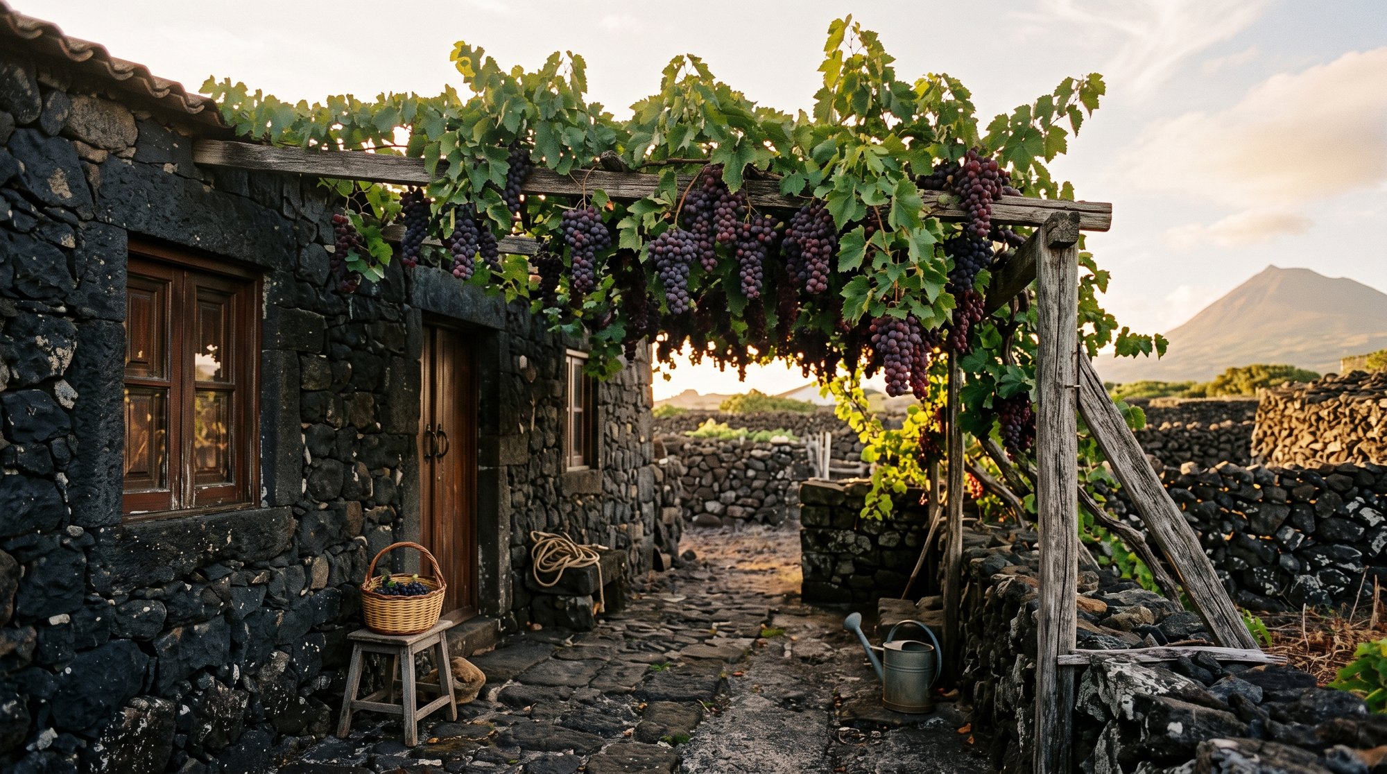 Vieille treille de vigne Isabelle derrière une maison de pierre de lave sur l'île de Pico, grappes de raisin rouge, ambiance intime et familiale, lumière douce de fin de journée