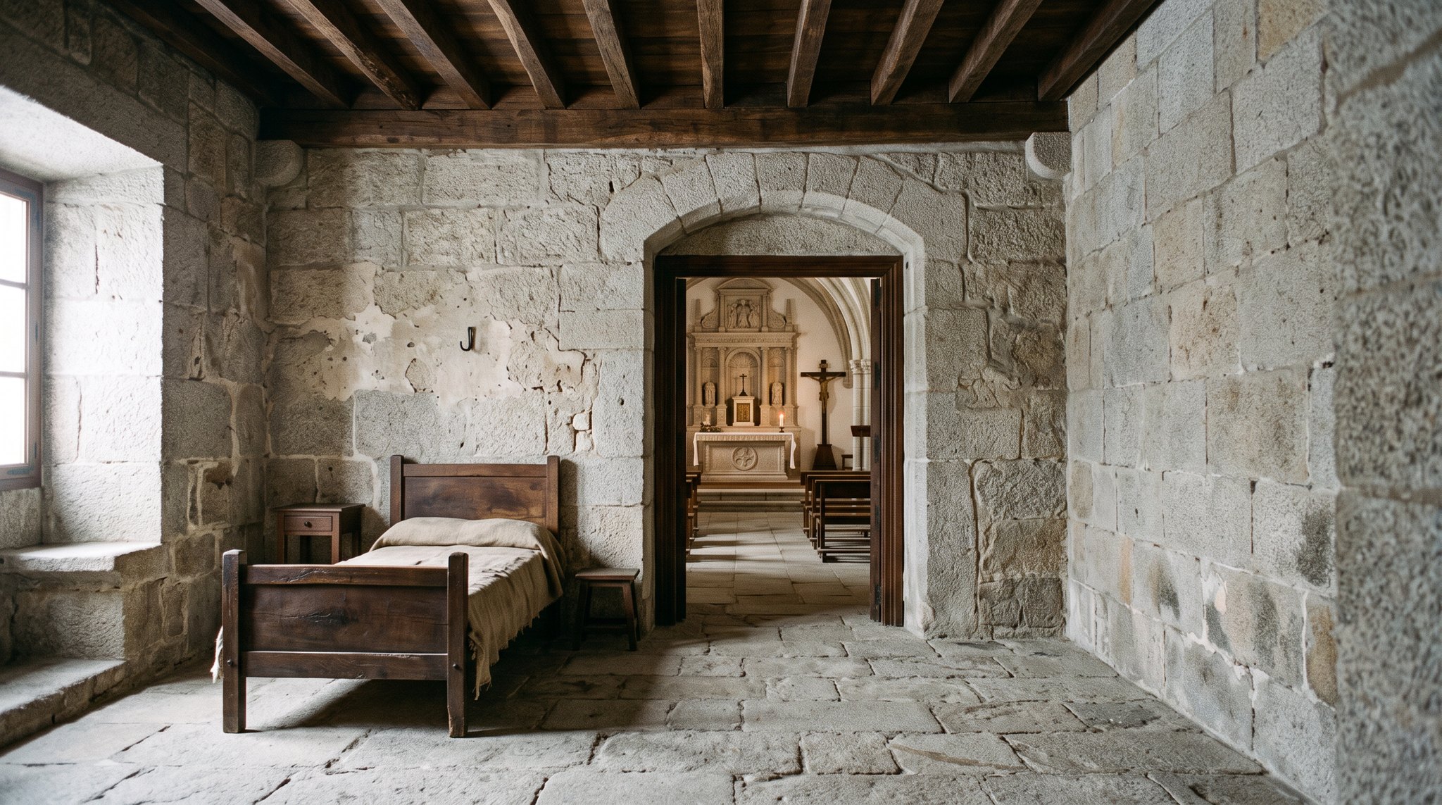 Intérieur sobre de la maison impériale de Charles Quint à Yuste, chambre austère de plain-pied avec une porte ouvrant sur la chapelle et l'autel, lumière froide d'hiver, pierre nue