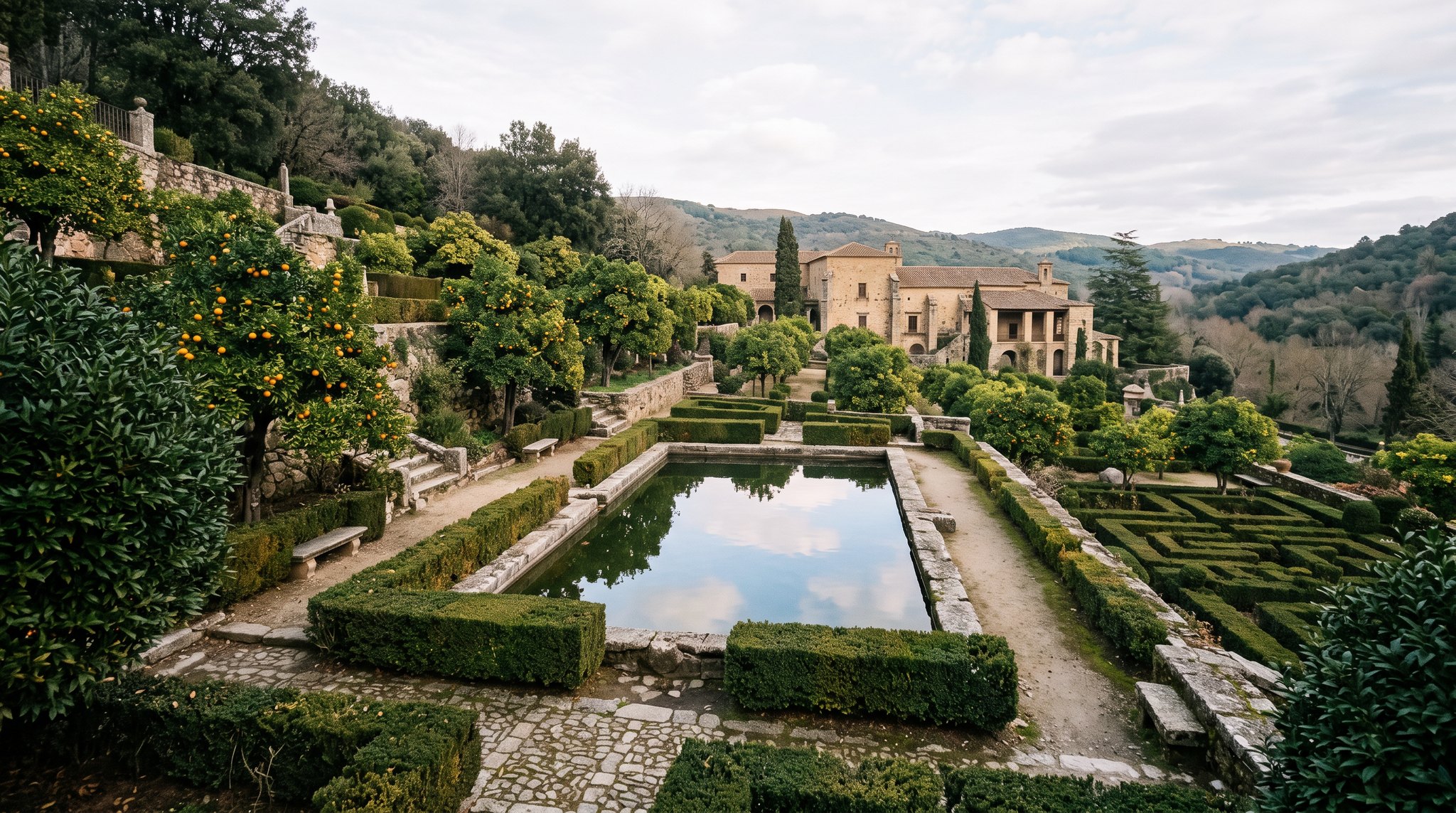 Jardin en pente et étang de pierre du monastère de Yuste, orangers et lauriers, eau calme reflétant le ciel, ambiance paisible de fin d'hiver