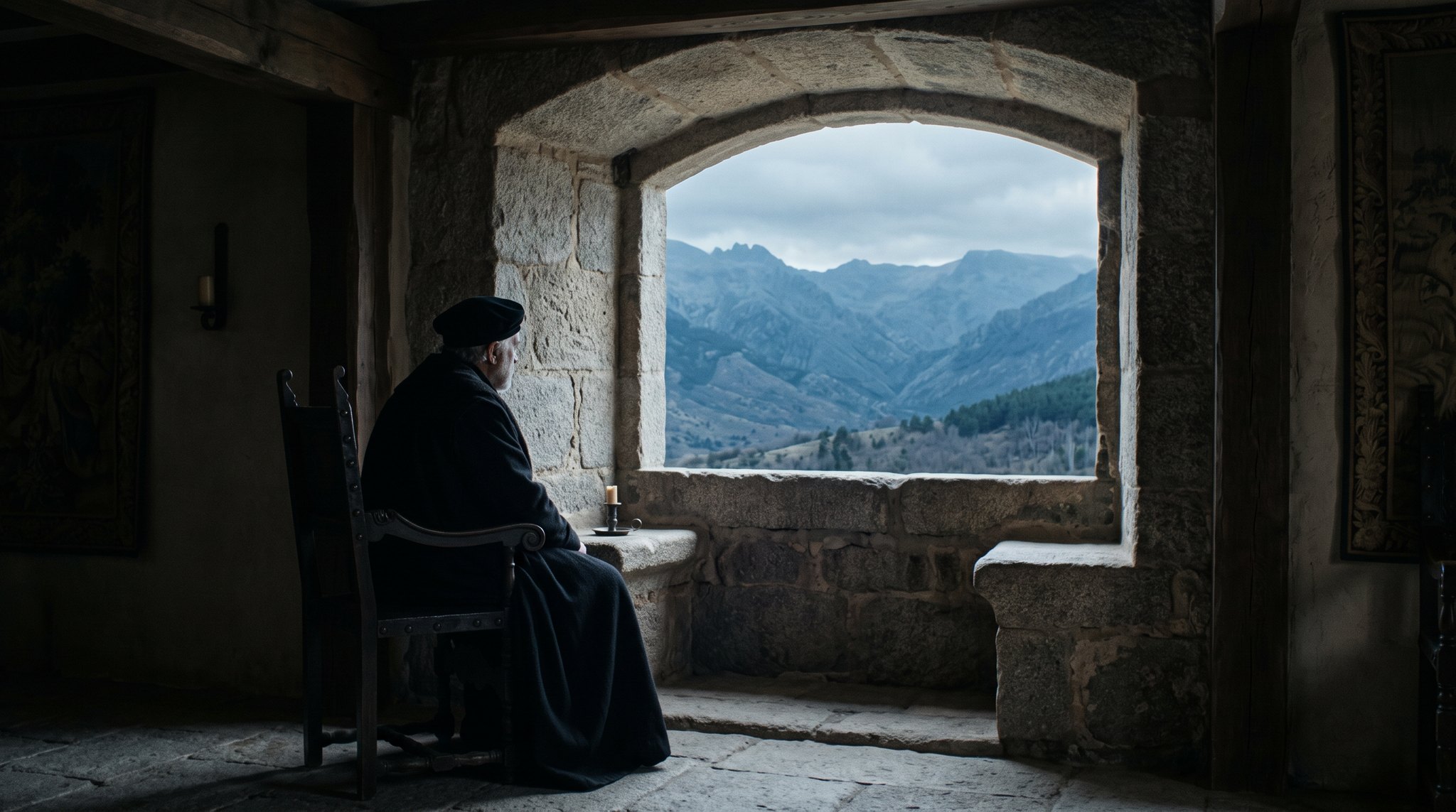 Portrait d'ambiance évoquant Charles Quint vieillissant à Yuste, silhouette d'un vieillard en noir assis près d'une fenêtre donnant sur les montagnes de la Sierra de Gredos, lumière mélancolique