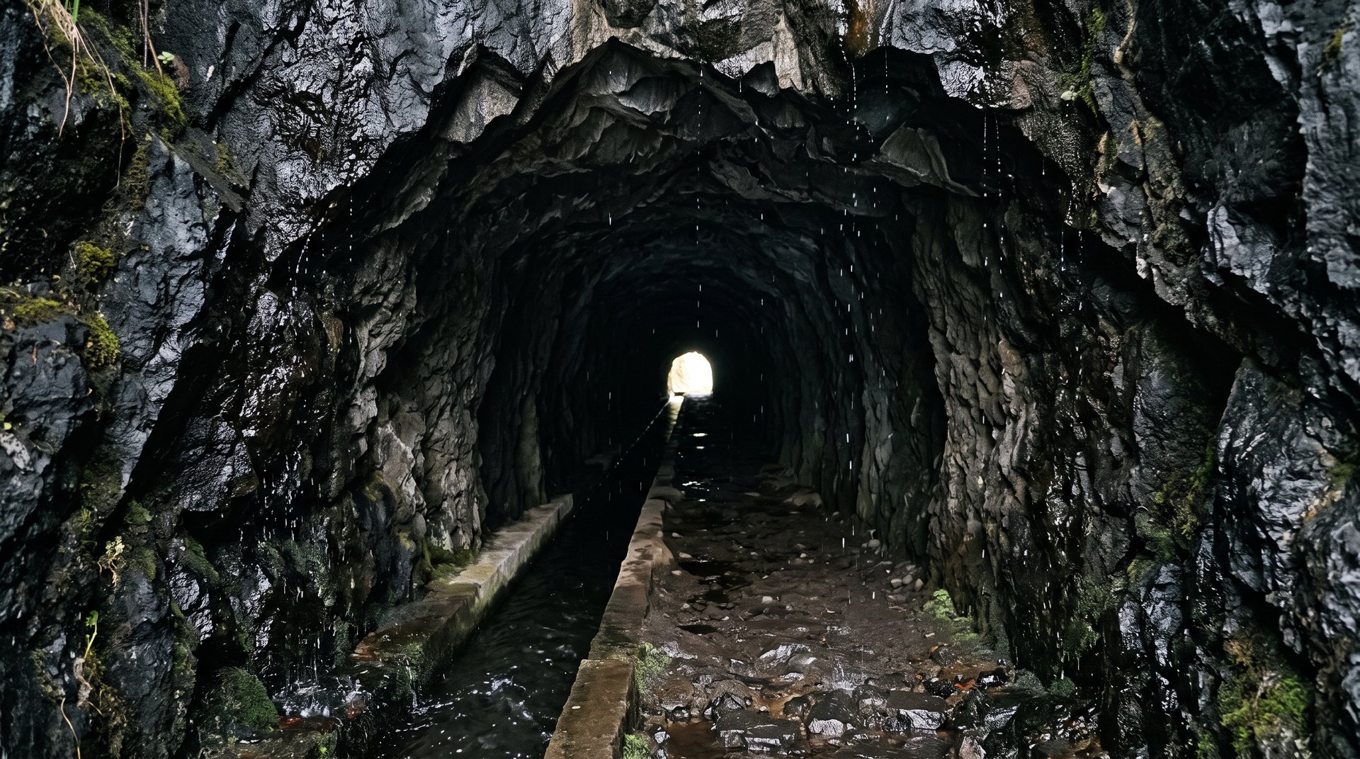 Entrée d'un tunnel étroit creusé à la main dans la roche volcanique noire de Madère, un canal d'eau au sol, gouttes tombant de la voûte, faisceau de lumière à la sortie