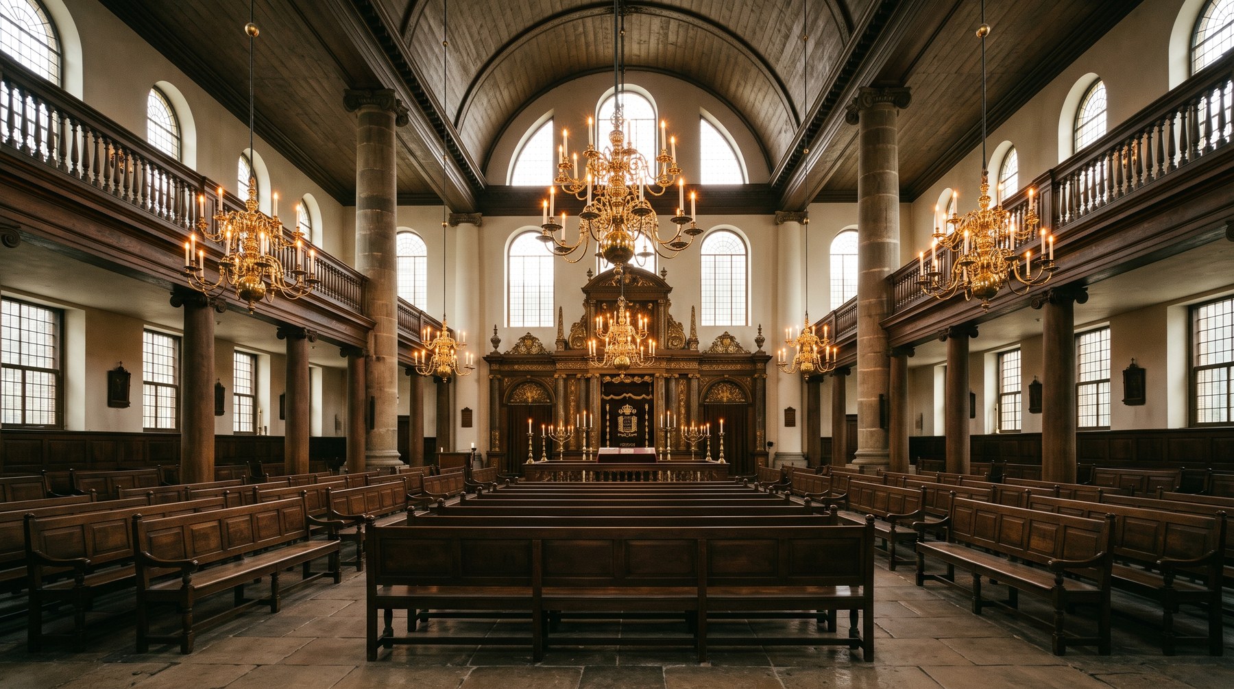 Intérieur de la synagogue portugaise Esnoga d'Amsterdam, hauts lustres de cuivre et bancs de bois, lumière dorée des bougies, architecture du XVIIe siècle