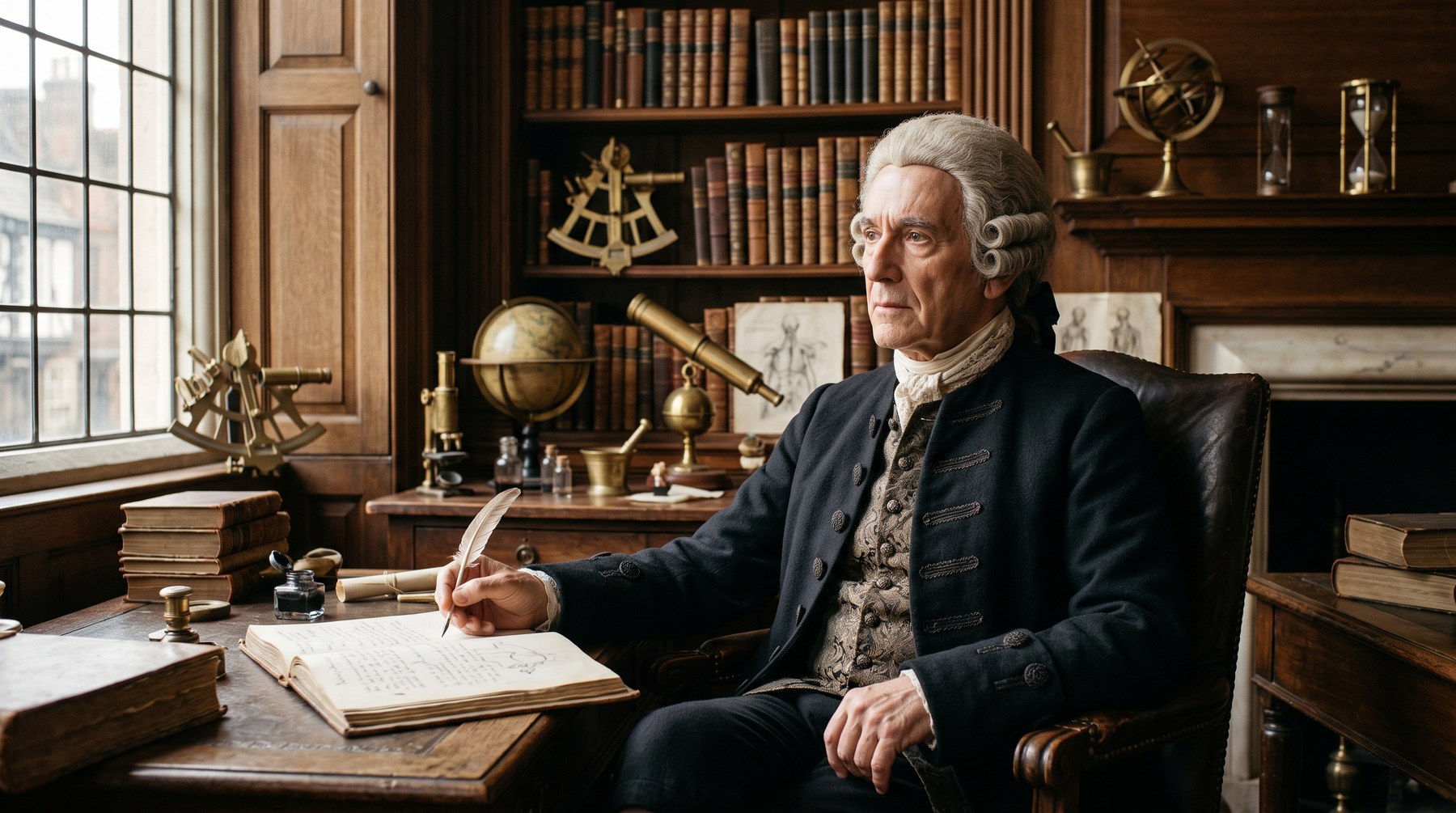 Portrait d'un médecin du XVIIIe siècle en habit sombre et perruque, bibliothèque et instruments scientifiques, ambiance feutrée d'un cabinet londonien