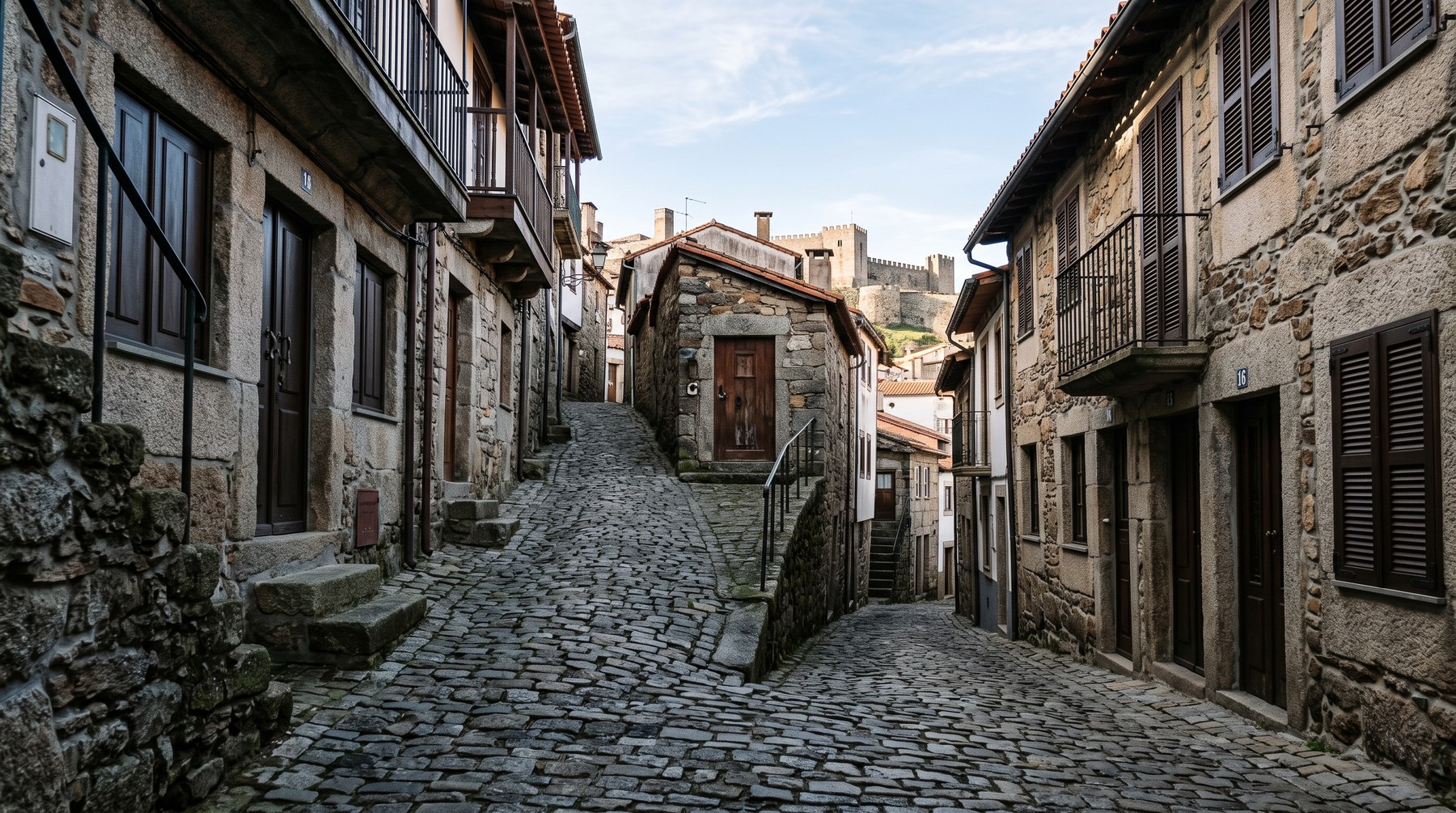 Ruelle pavée en pente de la vieille juiverie de Bragança, maisons de granit aux volets fermés, lumière froide d'hiver sur le plateau transmontain