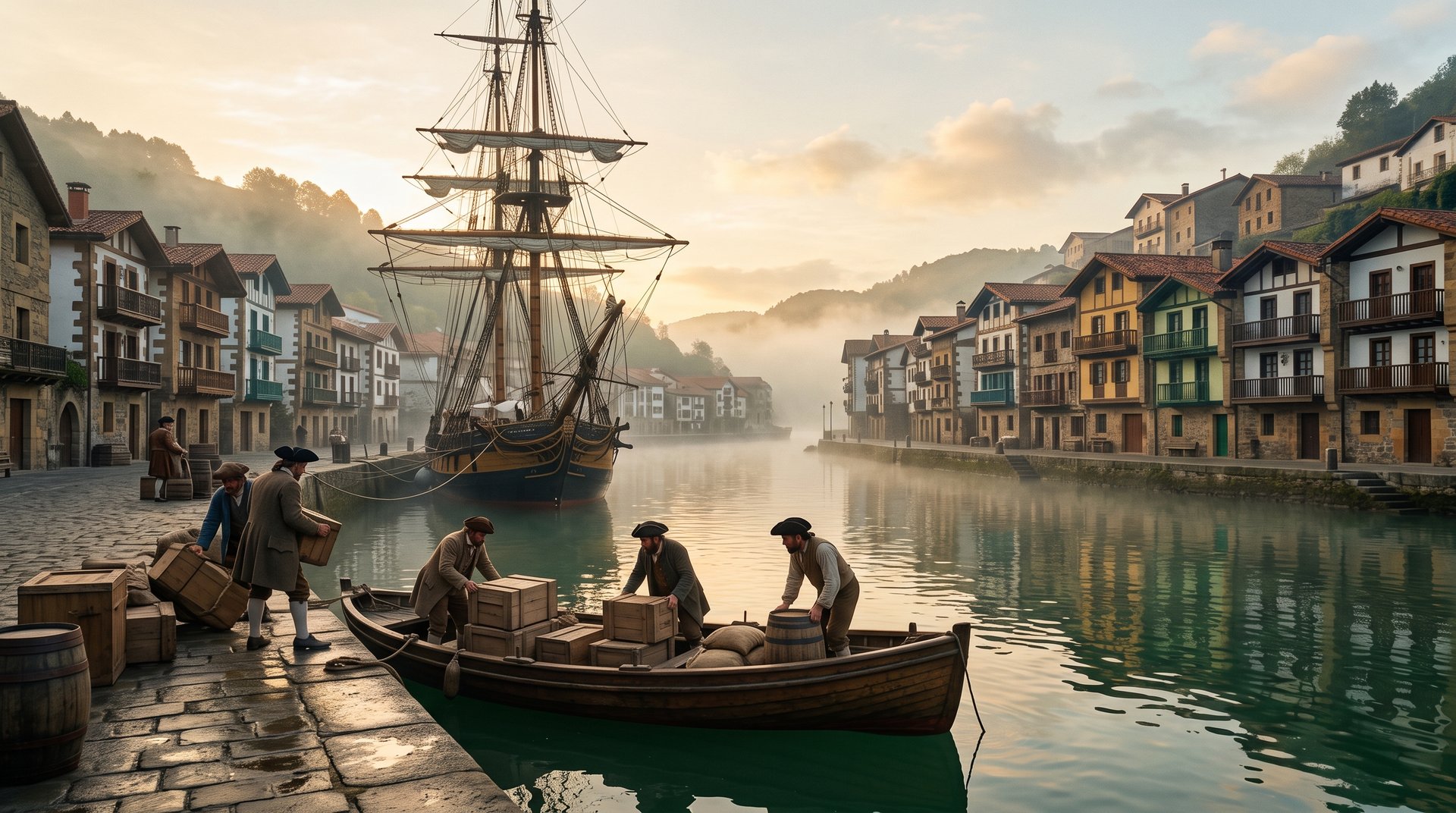 Un voilier marchand du XVIIIe siècle mouillé dans l'étroit goulet de Pasaia, entre deux rangées de maisons basques colorées, à l'aube, des hommes chargeant des caisses d'armes sur une barque, lumière dorée rasante